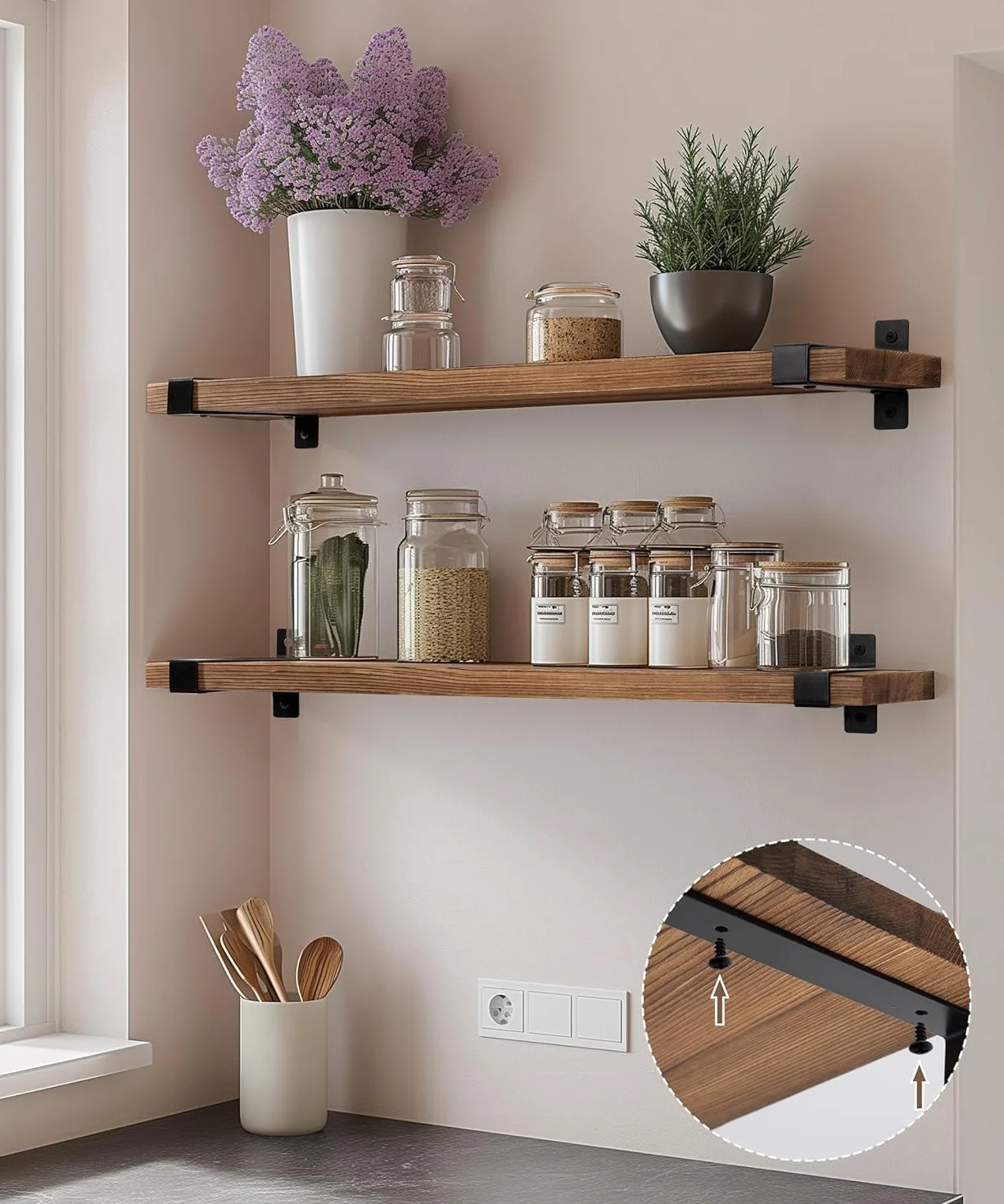 Gronda Estantería de Pared Larga, Baldas de Madera Marrón con Soporte Metal | 60cm Estantes de Pared Juego de 2, Repisa, Almacenaje, Decoración, Balda Flotante para Fotos, Plantas, para Salón
