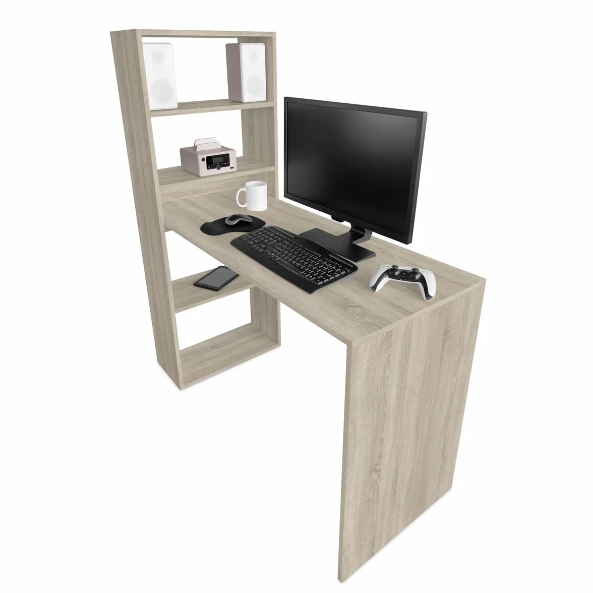 mattfy - Mesa de Escritorio Multifuncional con Estantería Integrada, Acabado en Cambria, Ideal para Espacios de Trabajo y Estudio, Medidas: 122 cm (Ancho) x 53,2 cm (Fondo) x 140 cm (Alto)