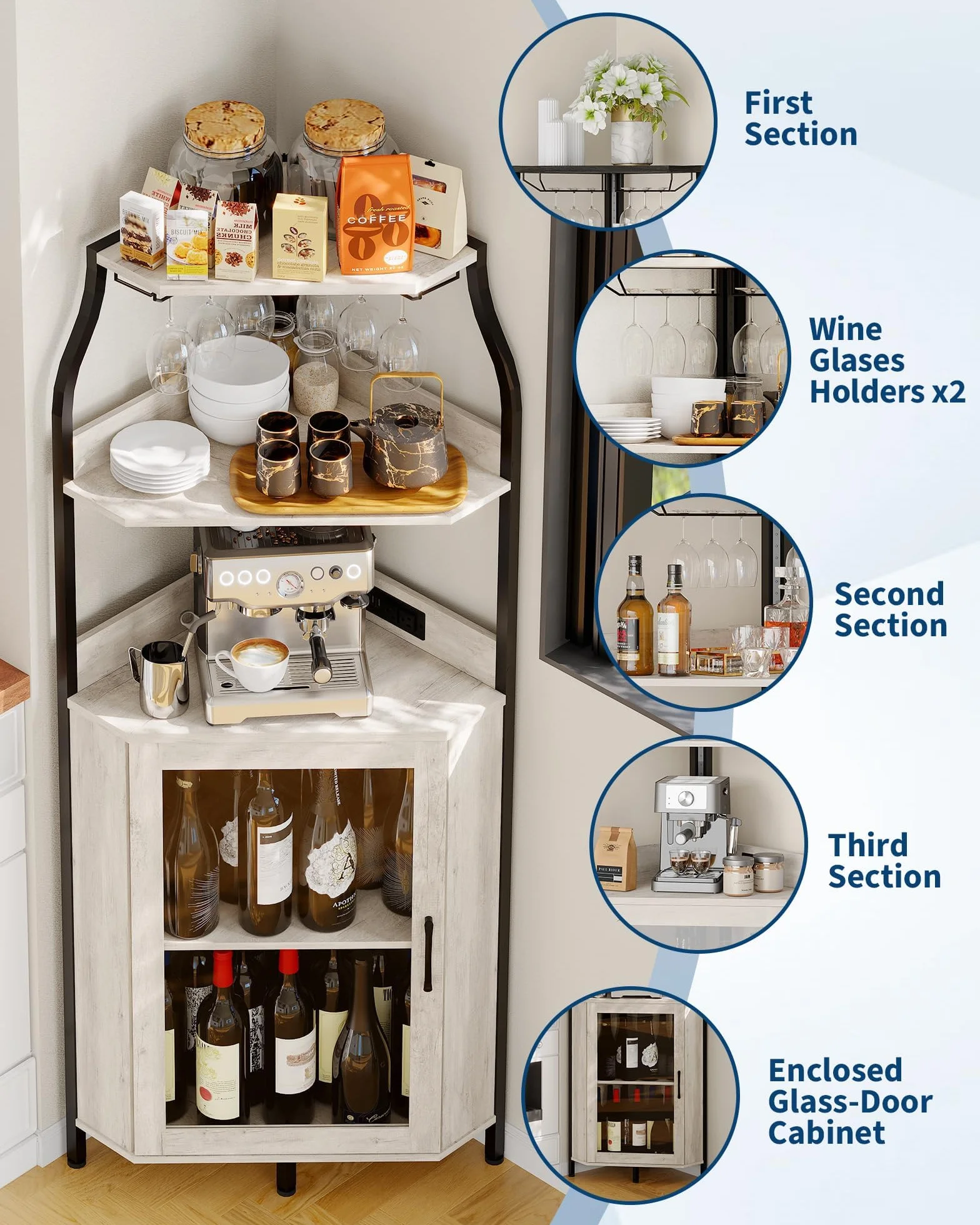 Zstar Mueble Bar, Vitrina para Vinos De MDF Curvado con Luces LED, Vitrina Independiente De 4 Niveles con Puerta De Cristal para Bar En Casa，Gris.