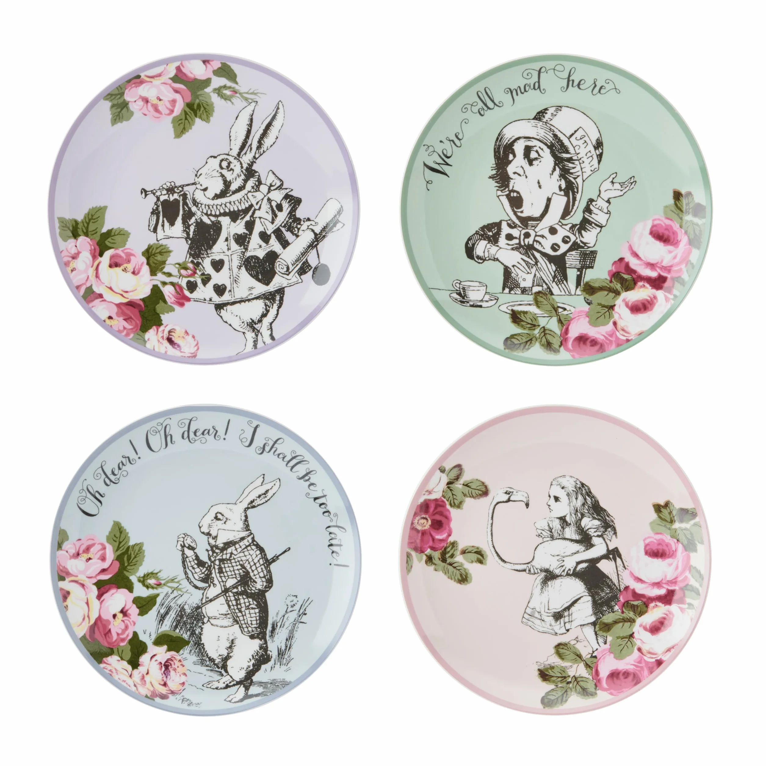 MIKASA and The V&A - Juego de 4 platos para tartas para té de la tarde, 21 cm, porcelana china, té de Alicia en el país de las maravillas, apto para lavavajillas y en caja de regalo
