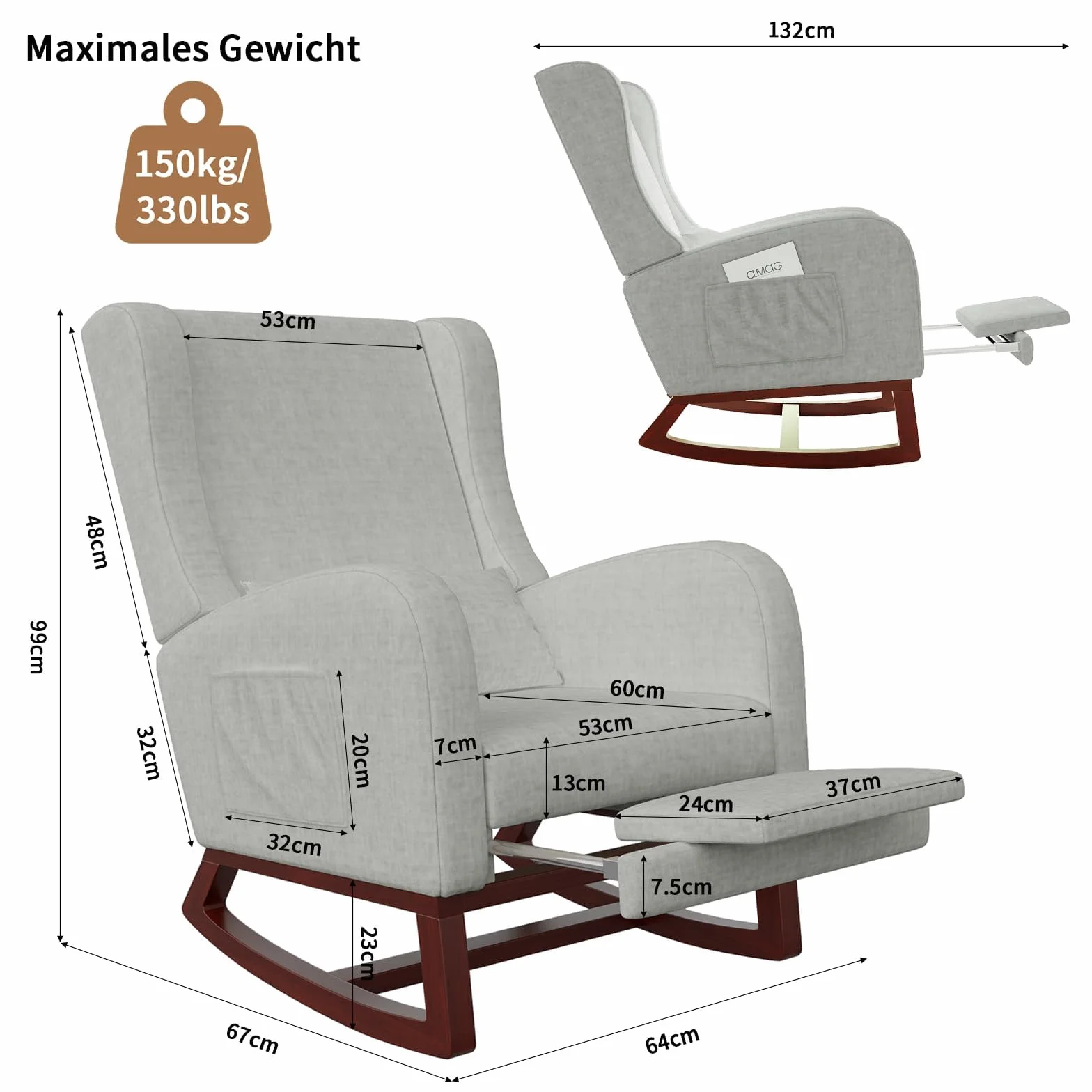 Silla Mecedora con reposabrazos y Bolsillos Laterales, Patas de Madera Maciza, Silla de relajación para Lactancia, Adecuada para Sala de Estar y Dormitorio, con cojín Acolchado (Gris)