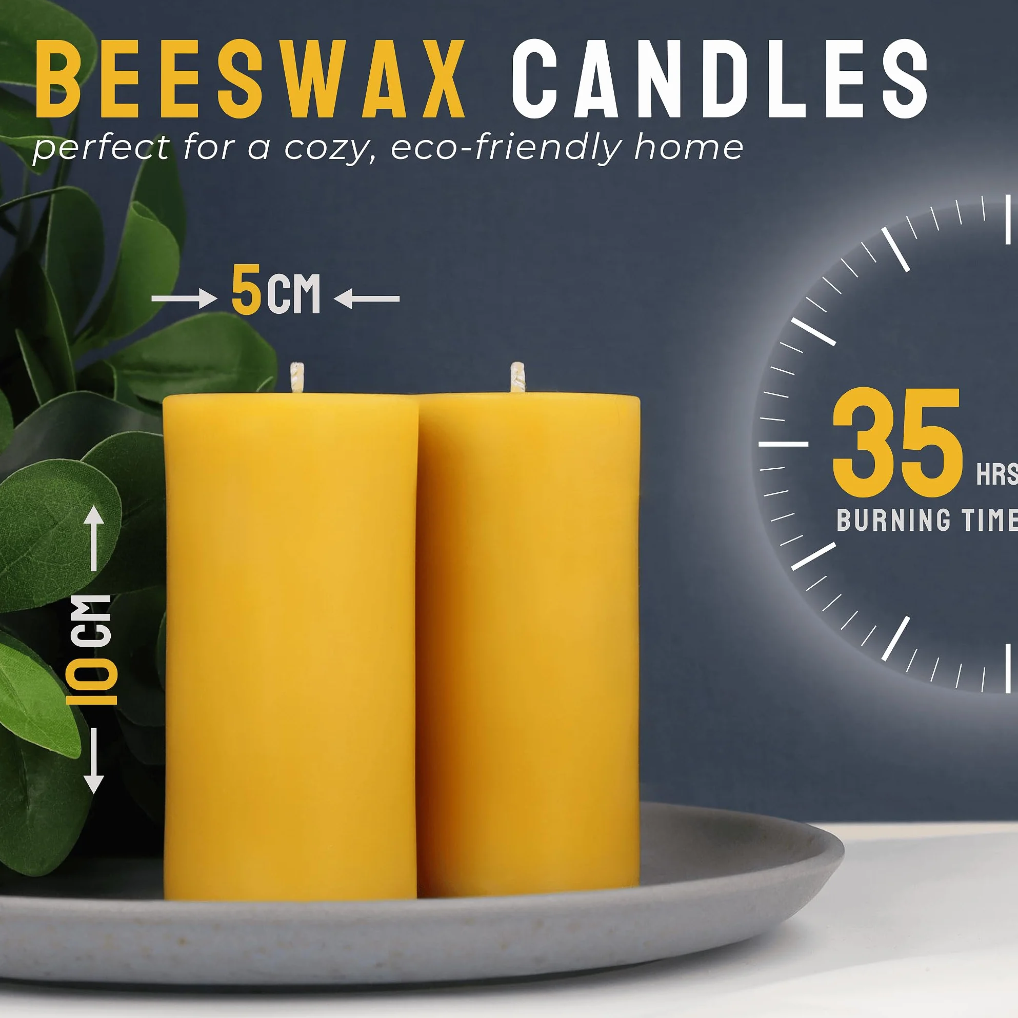 Velas de Cera de Abeja Natural 100% Pura Decorativas Grandes 2 pz 5x10 cm 35 horas