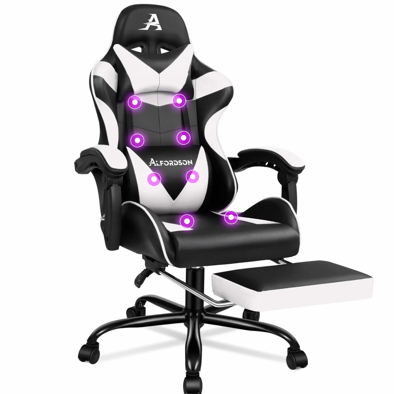 ALFORDSON Silla Gaming Profesional con Masajeador, Silla Ergonómica Gamer, Altura Regulable Silla con Apoyo Lumbar y Reposacabezas, Respaldo Inclinable hasta 150°, Giratoria de 360°, Cuero PU(Blanca)