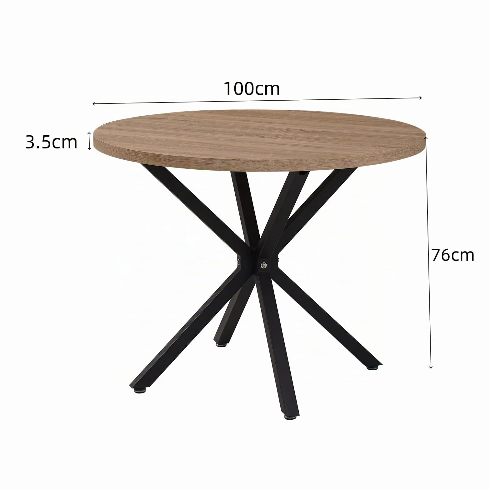 Mesa de Comedor Redonda Moderna con Tablero de MDF, Patas de Metal Negro, Adecuada para Salón, Cocina, Comedor, Mesa de Comedor Nórdica, 100 cm - Textura de Roble Claro