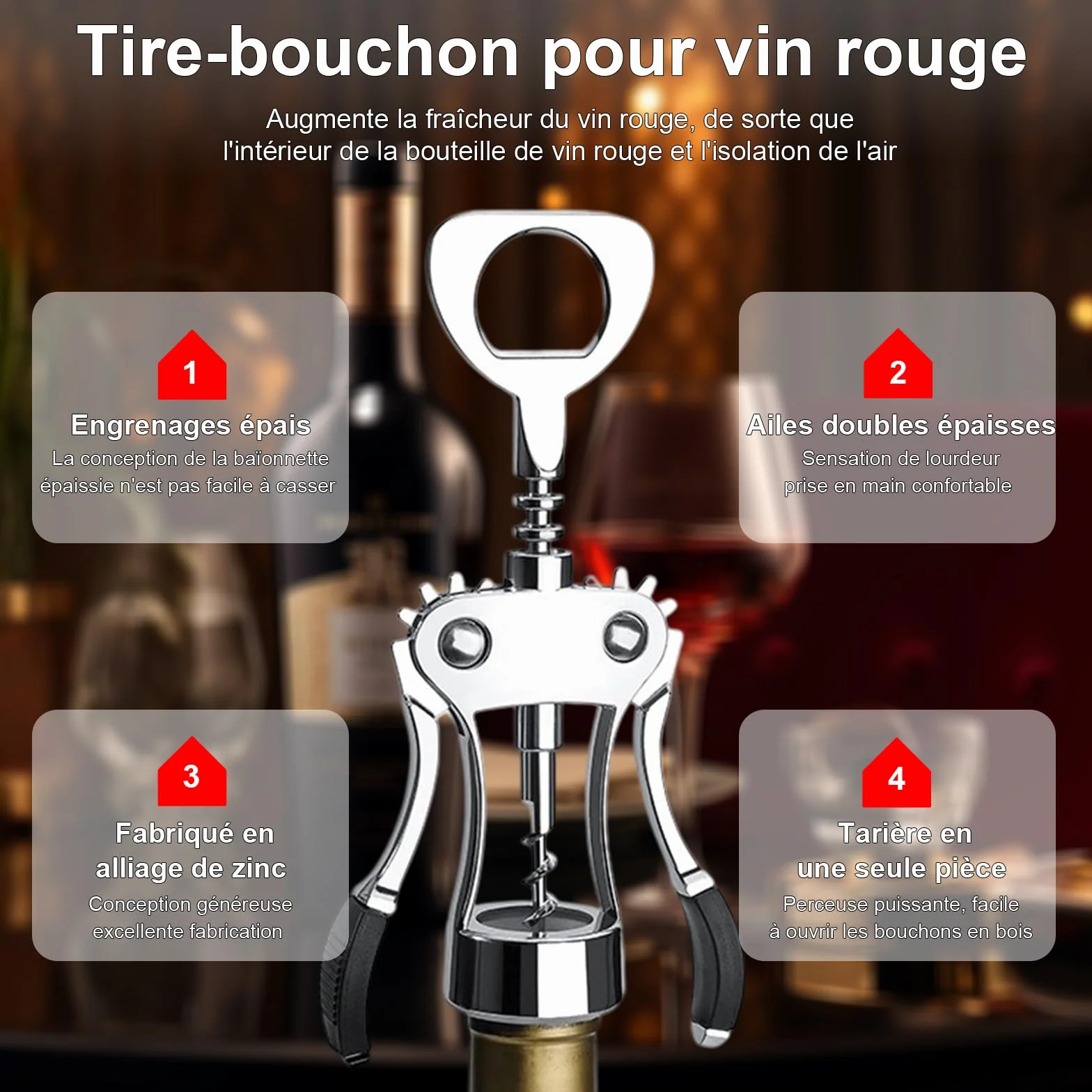 Sacacorchos Abridor de Vino Aleación de Zinc Ala - Abrebotellas Vino Cerveza Doble Uso, Plata
