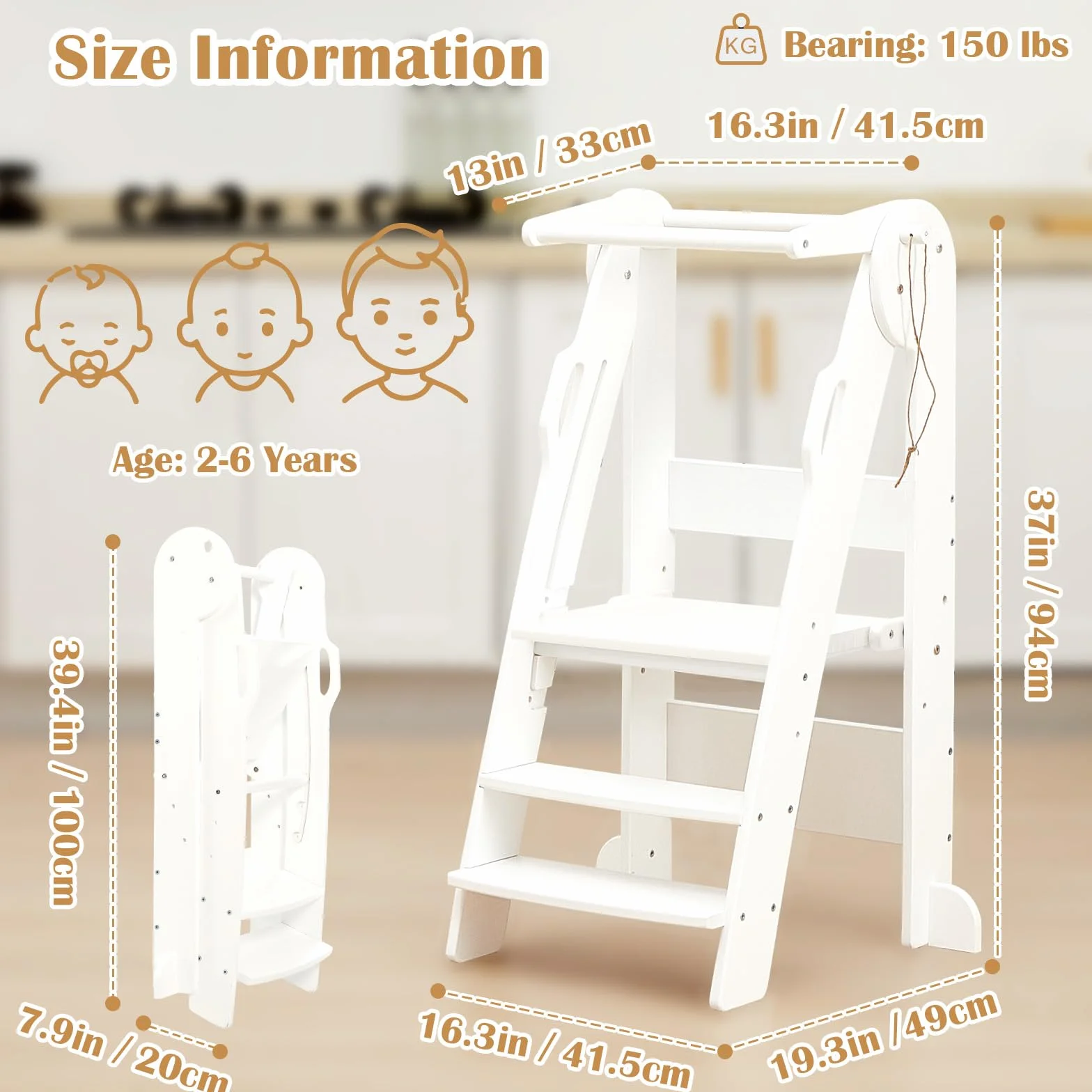 FUNLIO Taburete Plegable para niños Altura Ajustable 3 Niveles Rieles Seguridad Montessori Blanco