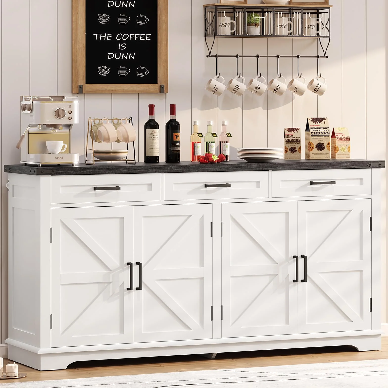 TEENFON 155 cm Aparadores para Salon con 3 Cajones, Aparador Cocina con Estantes Ajustables, Armario Cocin con Encimera para Pasillo Comedor- 155 x 40 x 80 cm - Blanco