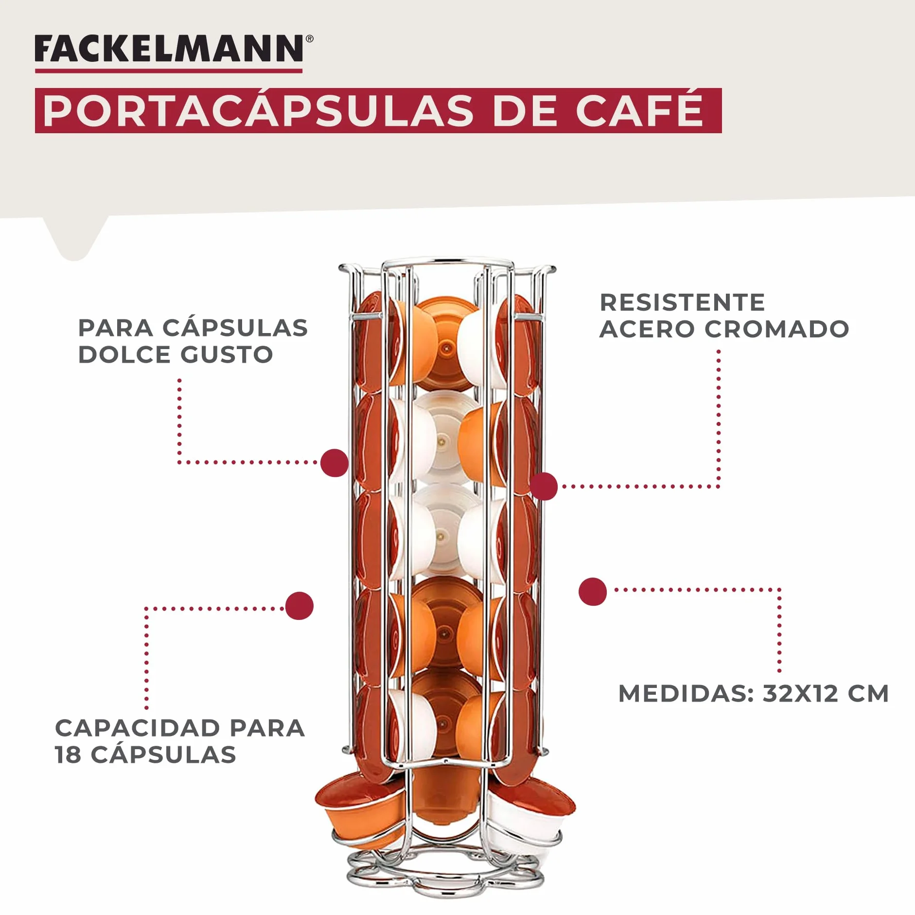 Fackelmann Dispensador de Cápsulas de Café Dolce Gusto, Soporte Vertical en Acero Cromado, 18 Cápsulas