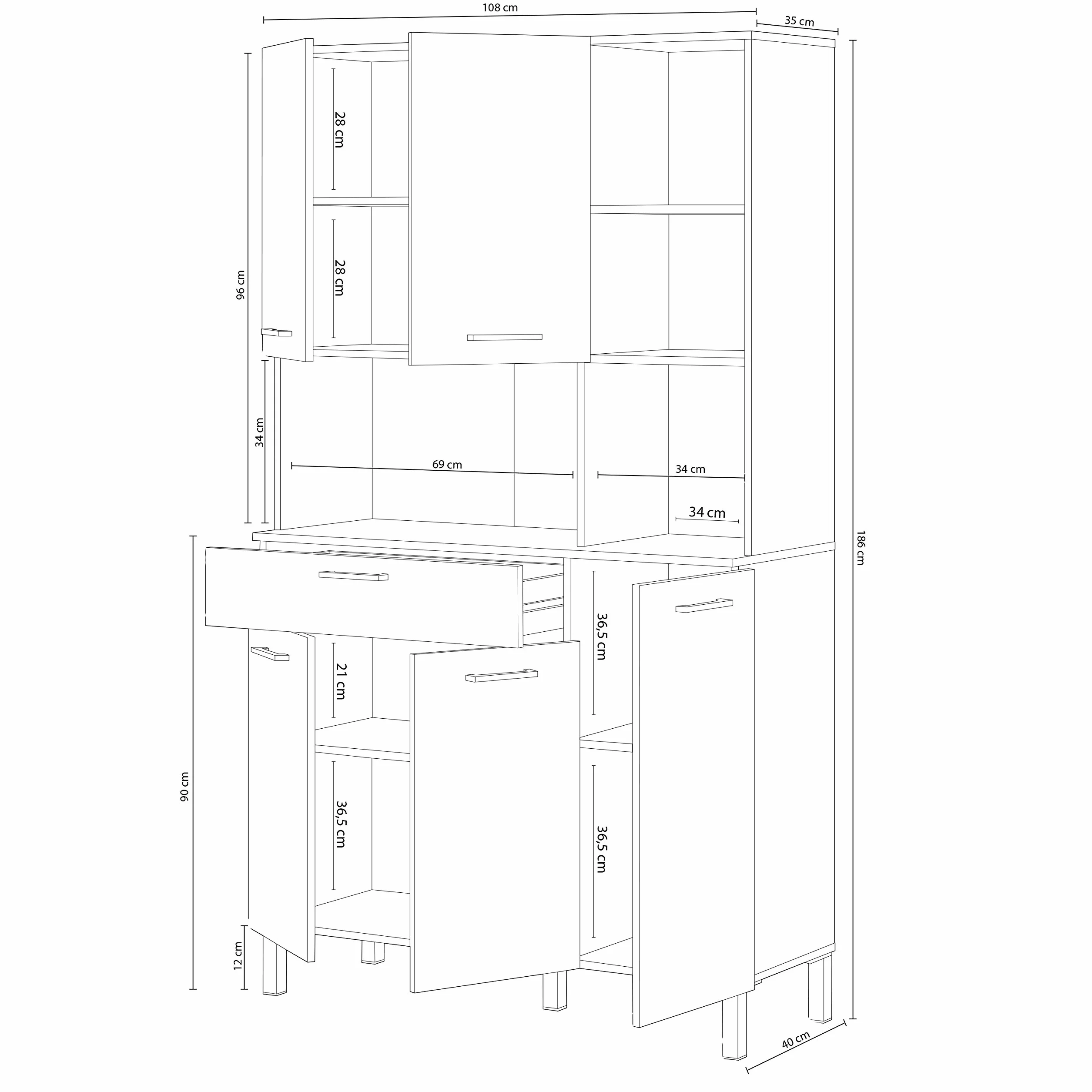 duehome | Alacena de Cocina, Mueble Auxiliar 5 Puertas + 1 Cajon y Estante Interior, Modelo Colin, Acabado en Blanco Artik y Roble Canadian, Medidas: 108 cm (Ancho) x 186 cm (Alto) x 40 cm (Fondo)