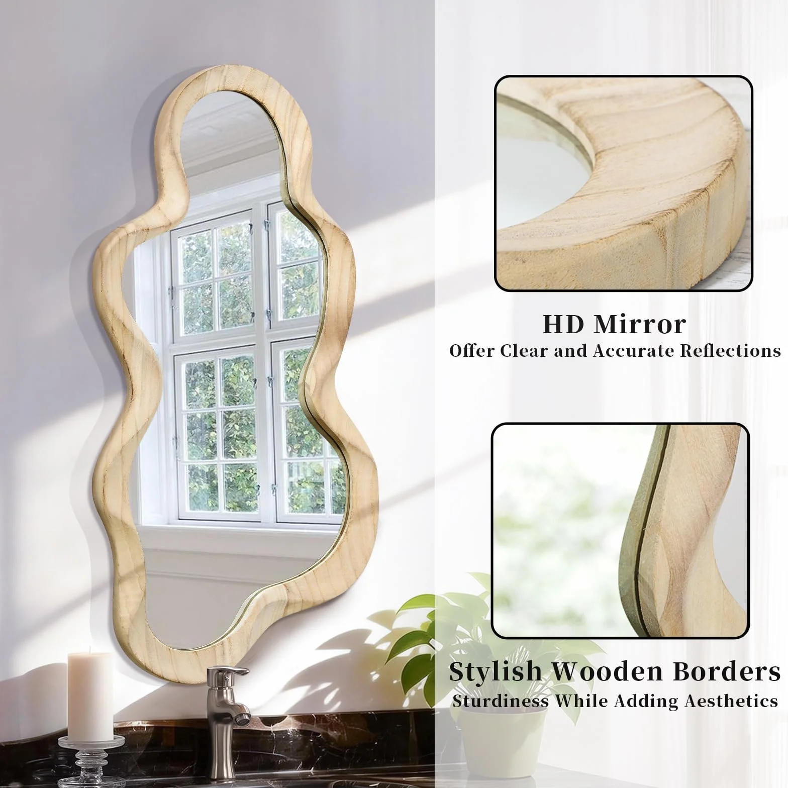 Espejo asimétrico para decoración de pared, gran espejo de pared moderno con marco de madera, forma única, espejo artístico montado en la pared, decorativo para sala de estar, dormitorio, baño