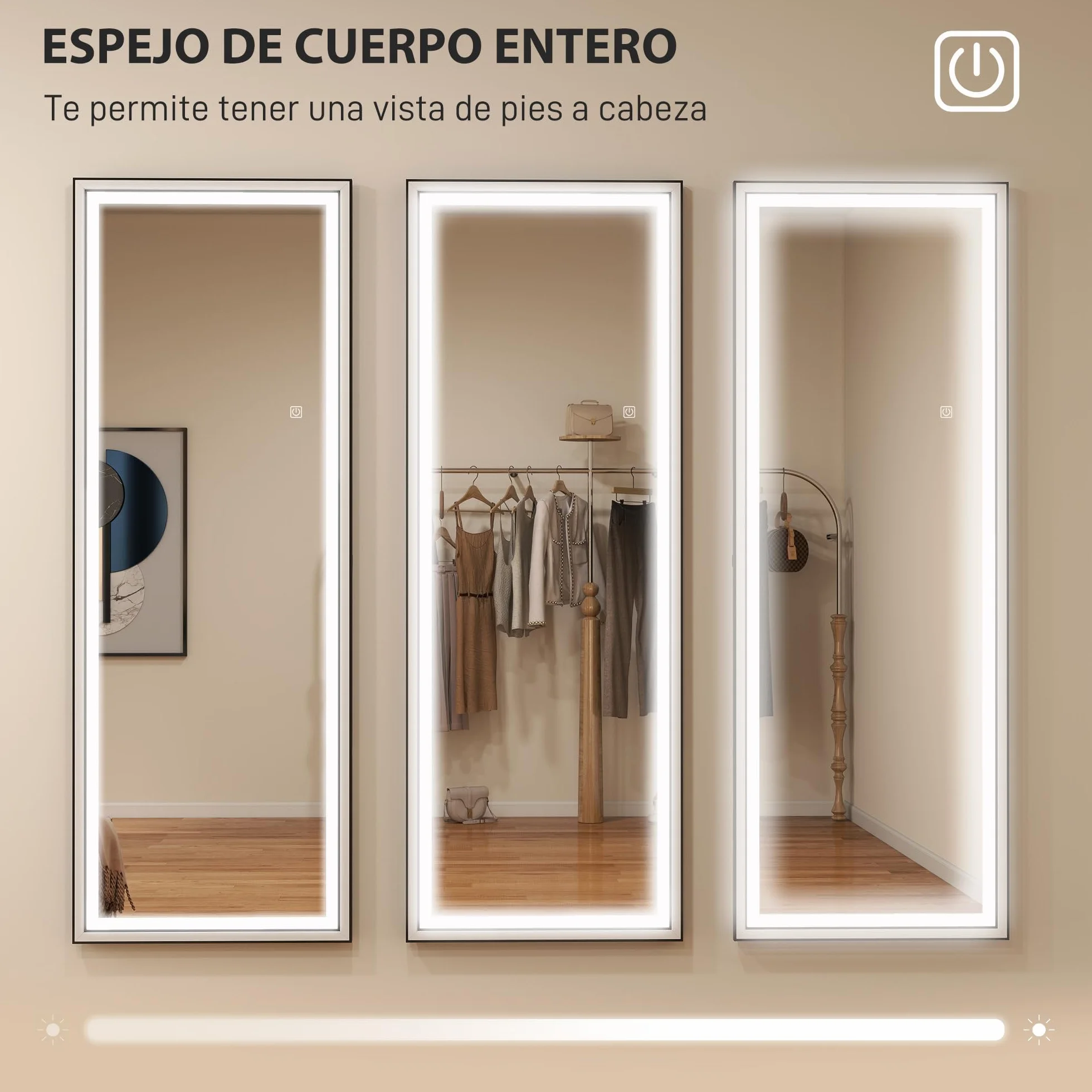 HOMCOM Espejo de Pie Cuerpo Entero con Luces, 165x60 cm, Espejo de Cuerpo Entero, 3 Temperaturas de Color, Brillo Ajustable, Independiente, Apoyado y de Pared, para Dormitorio, Salón, Blanco y Negro