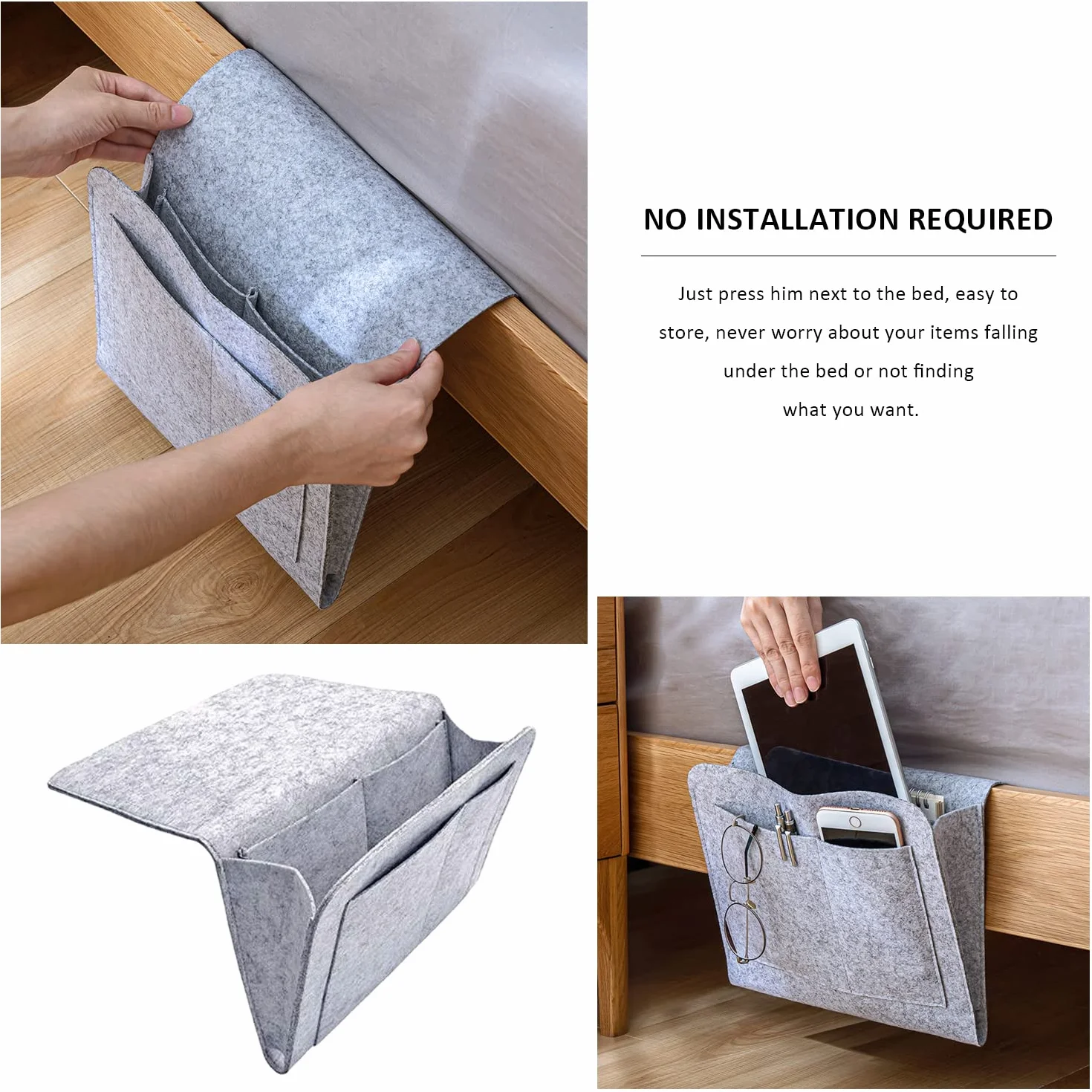 Bolsa de almacenamiento de fieltro para cabecera, organizador de noche, varios bolsillos, gris