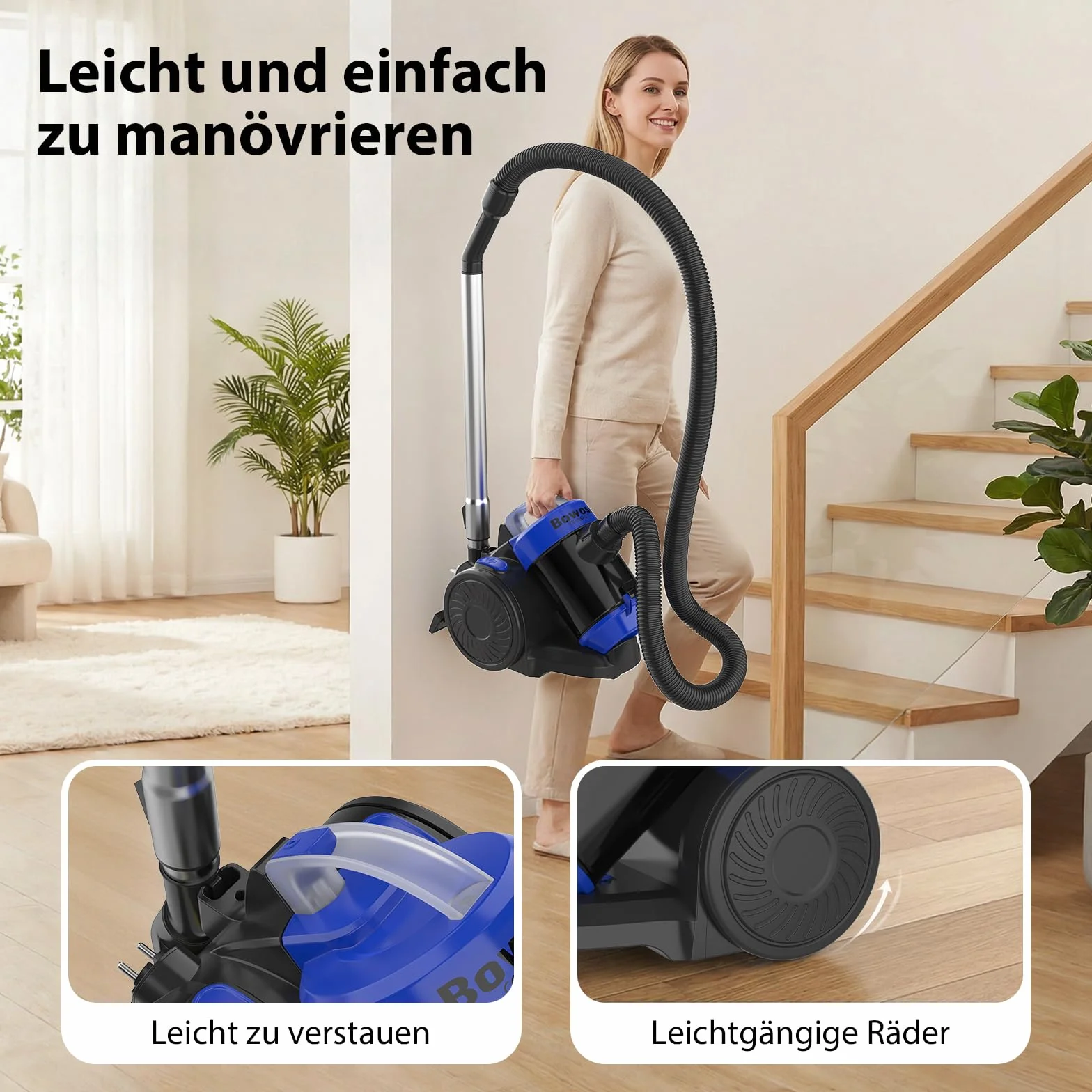 Aspiradora ciclónica de 1200 W, sin bolsa, con tecnología ciclónica para suelos duros y alfombras, cilindro de aspiradora con accesorios, bajo consumo de energía 1,5 L, filtro HEPA, radio de trabajo