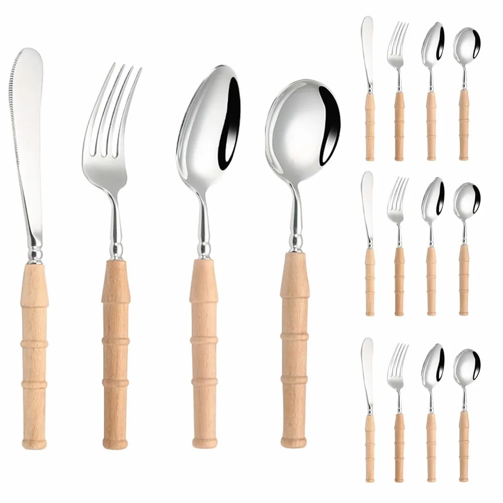Vajilla de Cocina de Madera de Acero Inoxidable con Cubiertos, Incluye Cuchara, Cuchillo y Tenedor, Pulido Espejo (Color Claro, 16 Piezas)