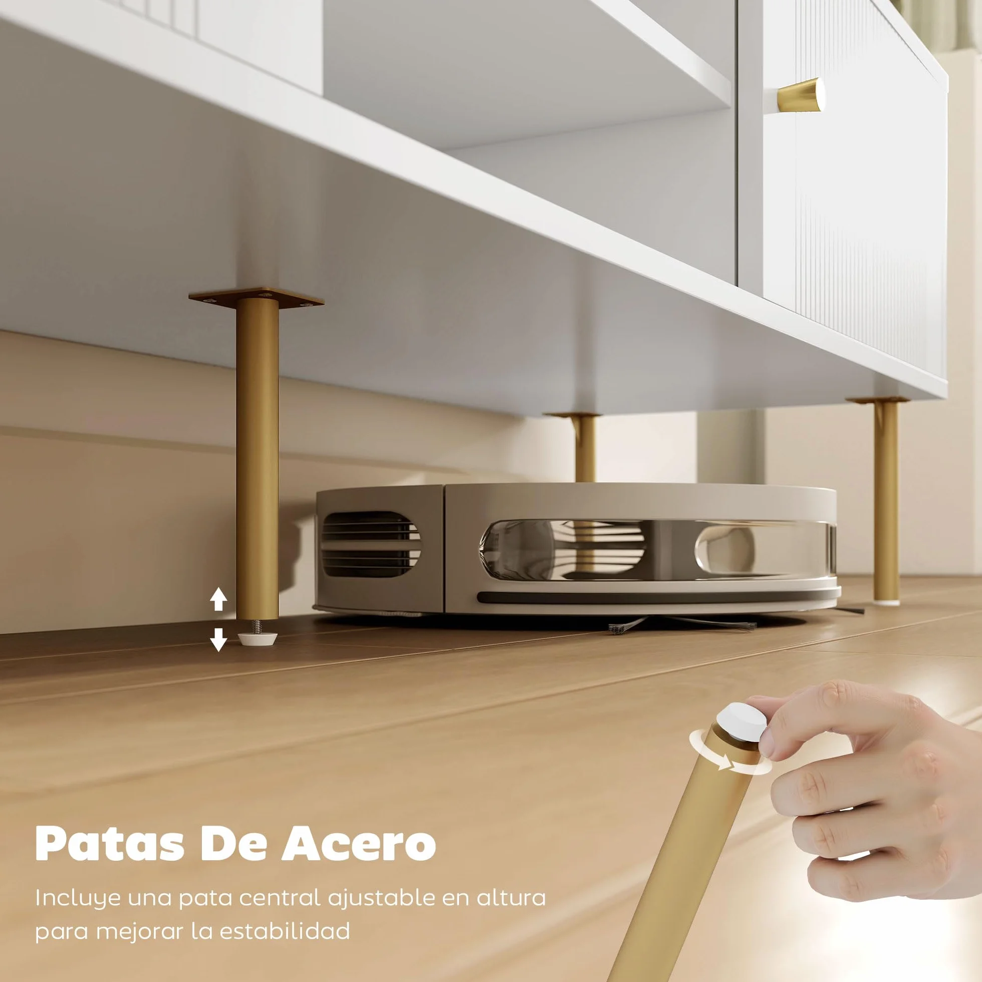 HOMCOM Mueble de TV Moderno de 2 Puertas, Mesa TV para Salón con 2 Estantes Abiertos Ajustables, Orificios Pasacables, Patas de Acero, para Televisión 65 Pulgadas, 140x38x45,9 cm, Blanco
