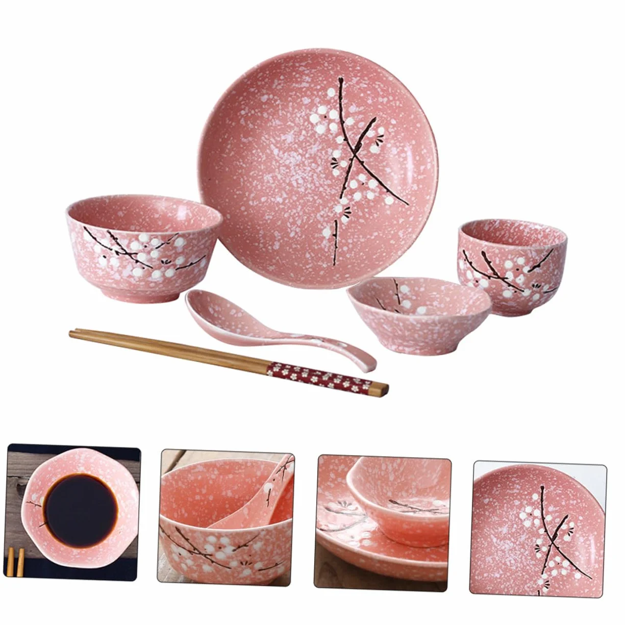 Vajilla Japonesa Rosa Elegante y Práctico para Servir Arroz Postres y Ensaladas Incluye Cuencos Platos Cucharas Palillos y Tazas para Uso Diario y Regalo de Inauguración de Casa