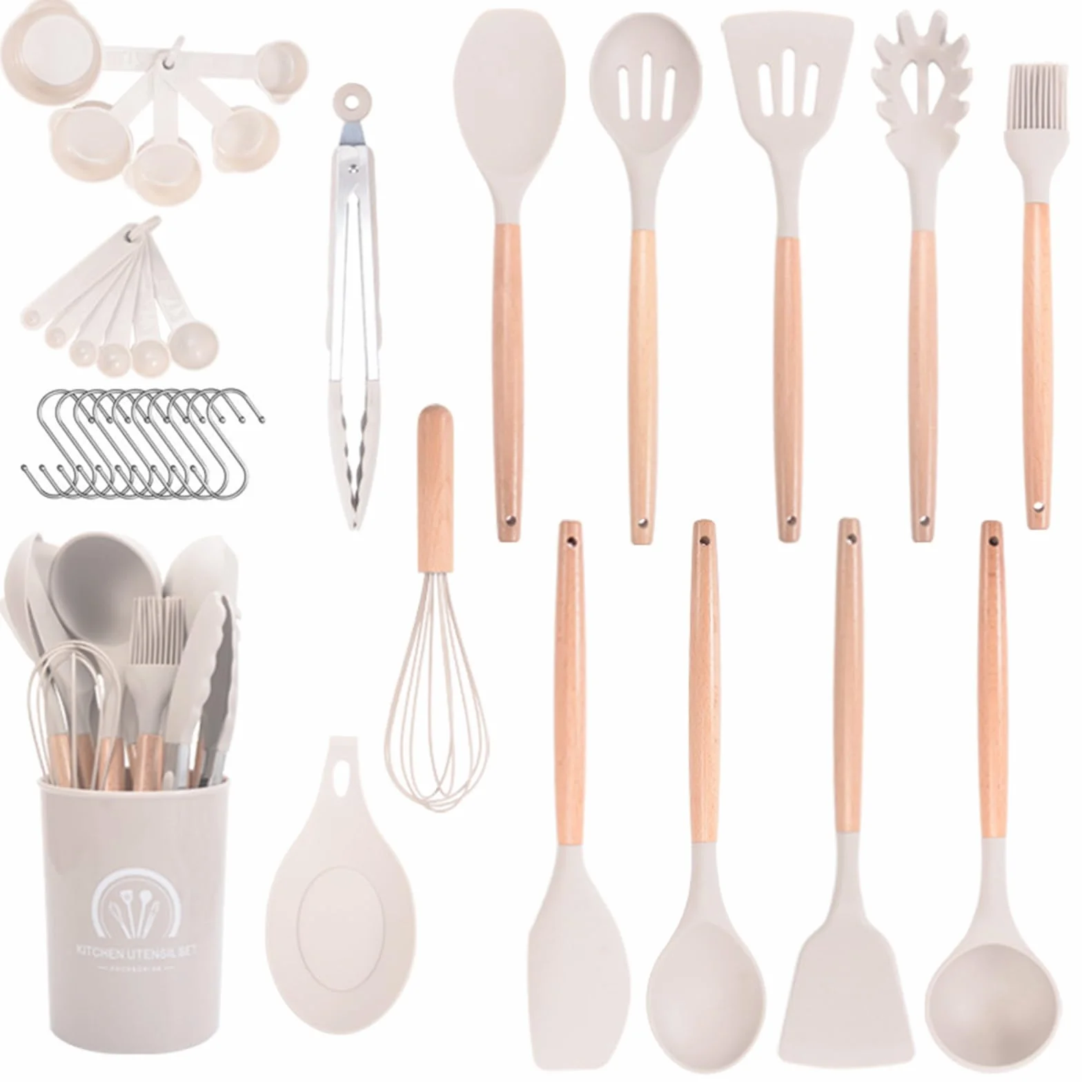 Juego de 24 espátulas de silicona, juego de utensilios de silicona con mango de madera, espátula de cocina de silicona multiusos, antiadherente, con cubo de almacenamiento