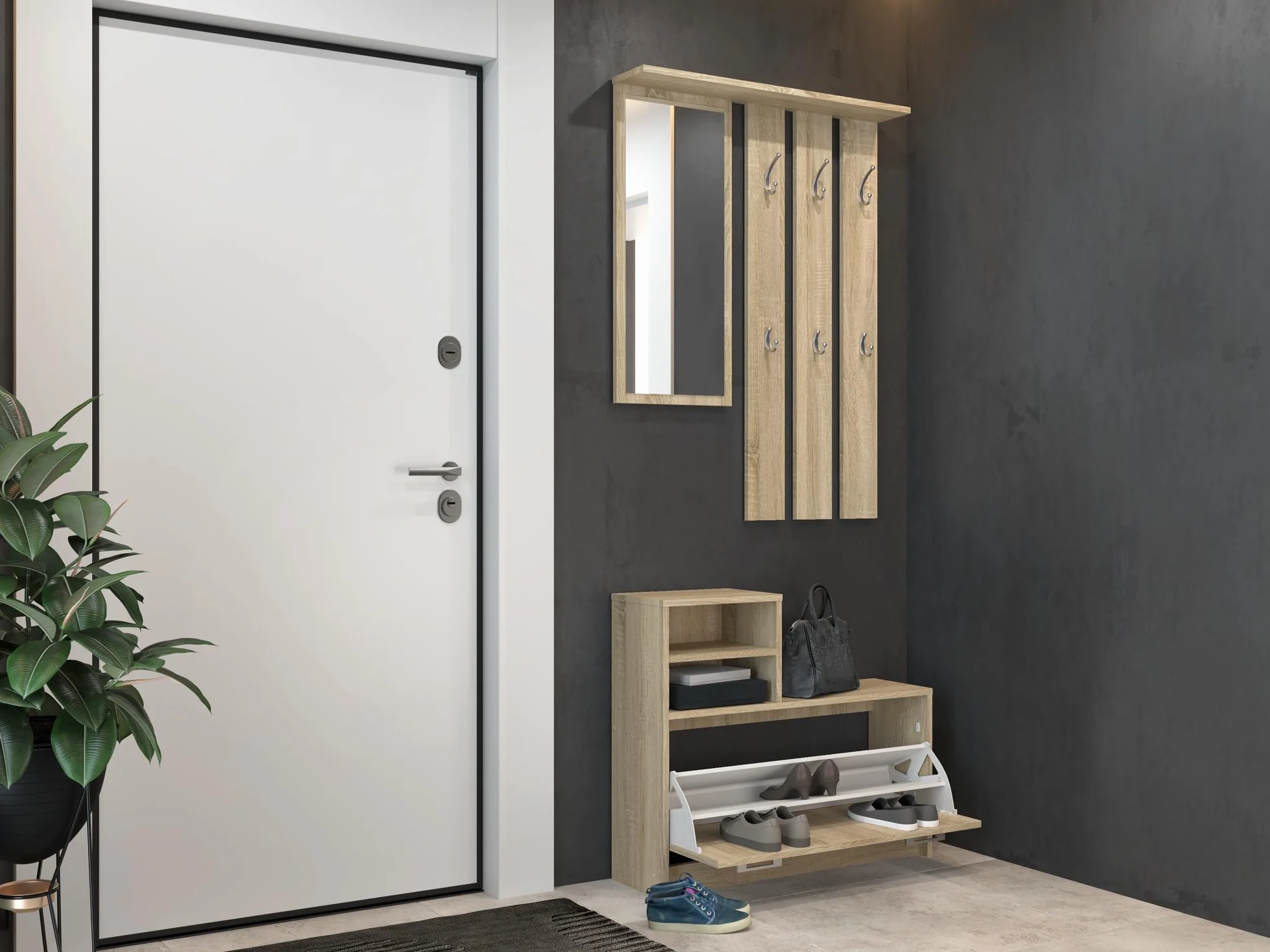 Oggi Armario de Entrada con Espejo 85x160x24 cm Perchas Zapatero Armario de Tablero Laminado de 16 mm Diseño Moderno Minimalista Moderno Roble Sonoma