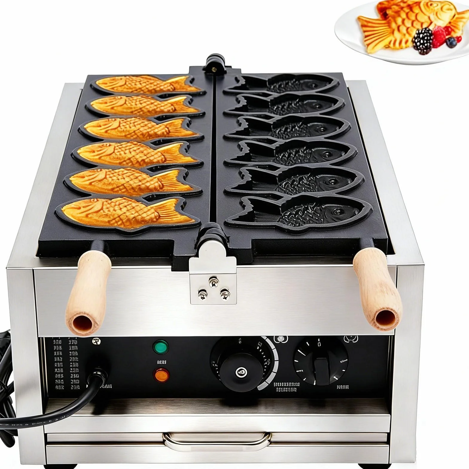 Máquina Eléctrica Taiyaki para Helado 3000w,con Diseño Doble Fila,6 Tablas Y Fuente para Hornear Teflón Antiadherente,Temperatura Ajustable 50 a 300 °c,180 ° Uniforme