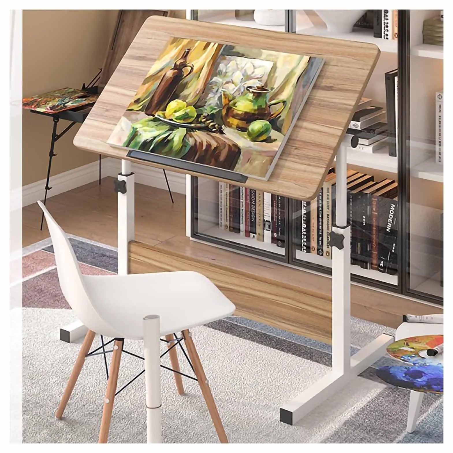 Mesa De Dibujo For Artistas Con Tablero Inclinable,Escritorio De Altura Ajustable For Estudio, Manualidades Y Escritura,Escritorio De Estudio Elevable De Pie - Estación De Trabajo De Lectura De Madera