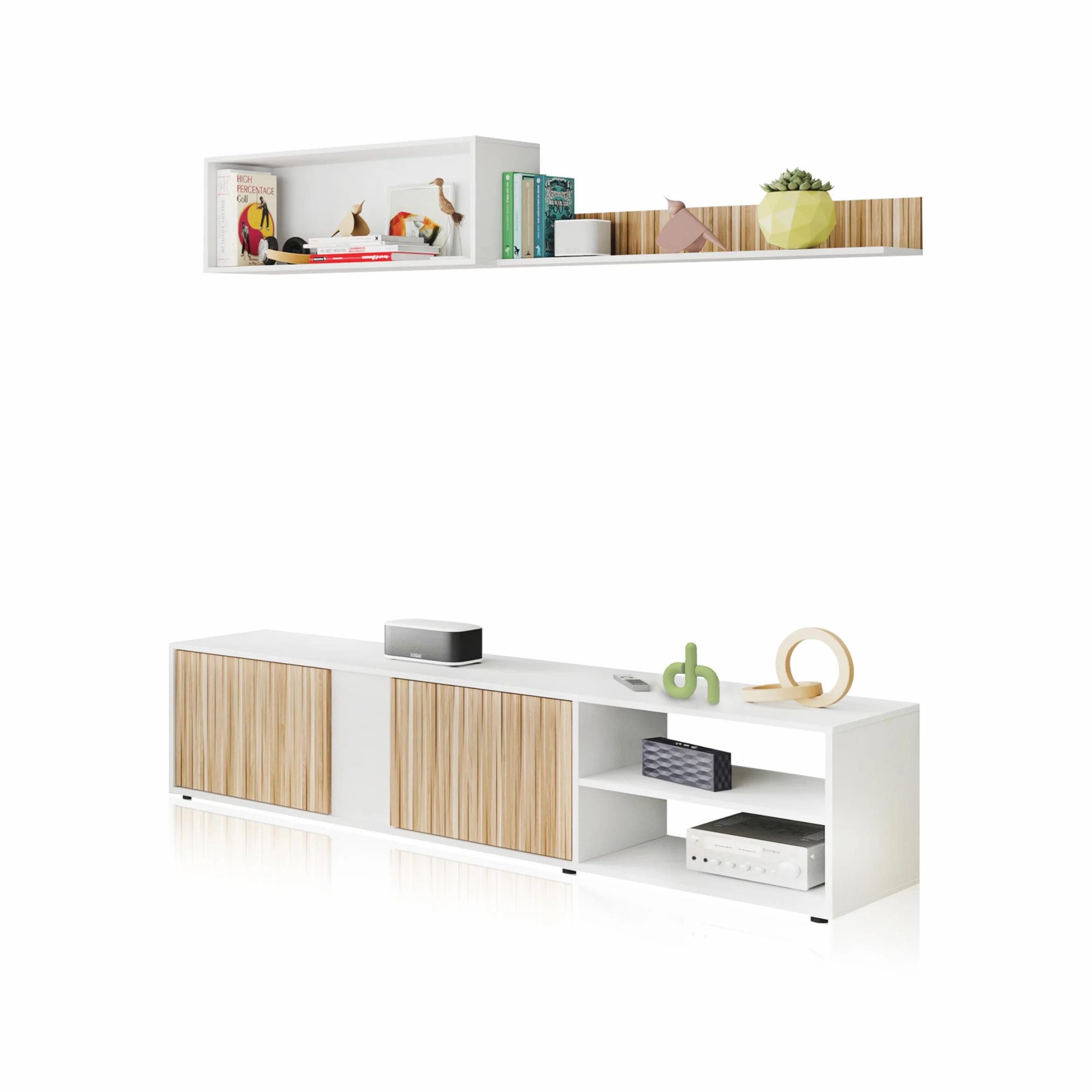 duehome | Conjunto Reversible de Salon, Mueble de TV, Modulos de Comedor, Modelo Alix, Acabado en Blanco Artik y Natur, Medidas: 180 cm (Largo) x 33 cm (Fondo) x 40 cm (Alto)