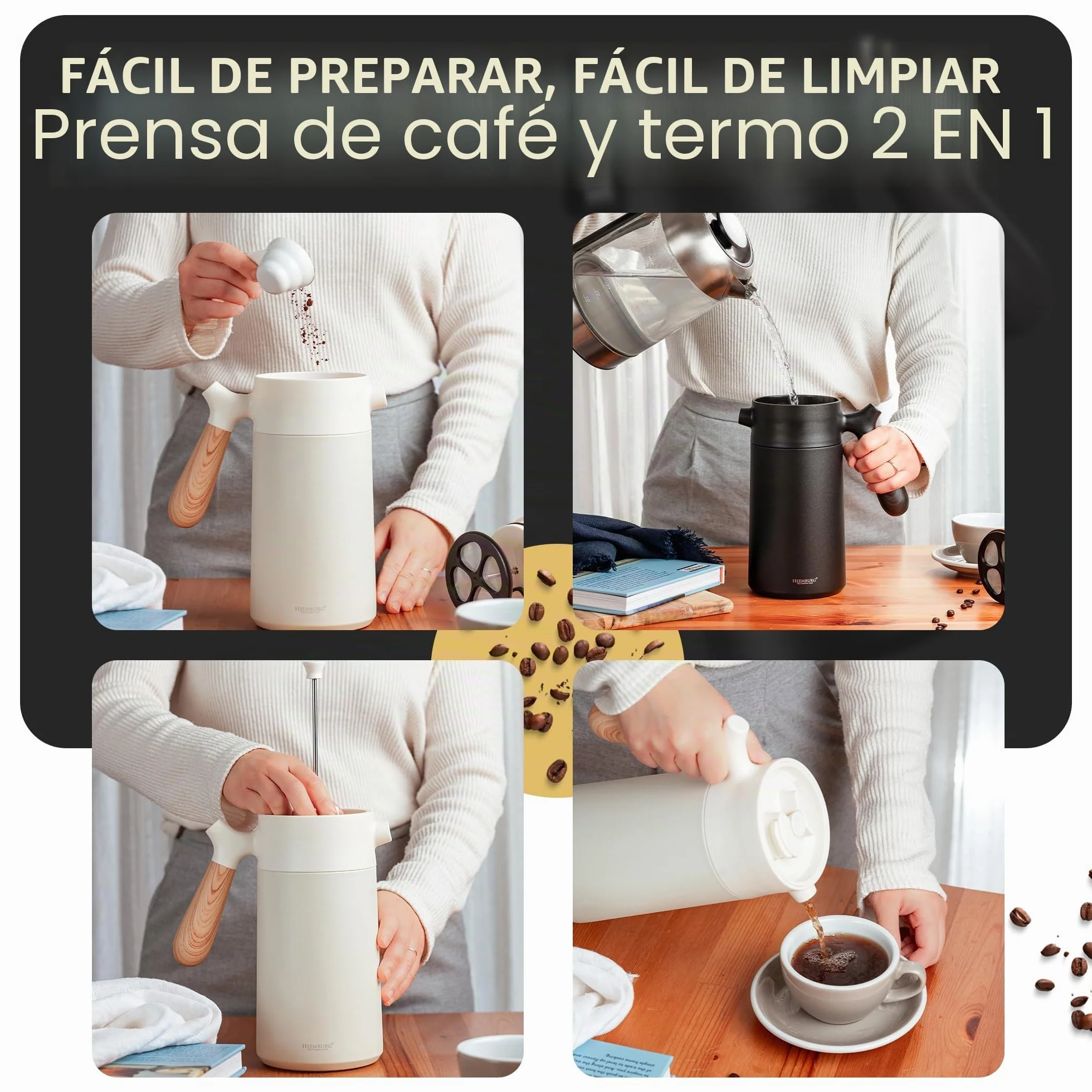 Heemburg French Coffee Press – Cafetera térmica de calidad de acero inoxidable | Prensa de café con aislamiento de doble pared para un café y té perfectos