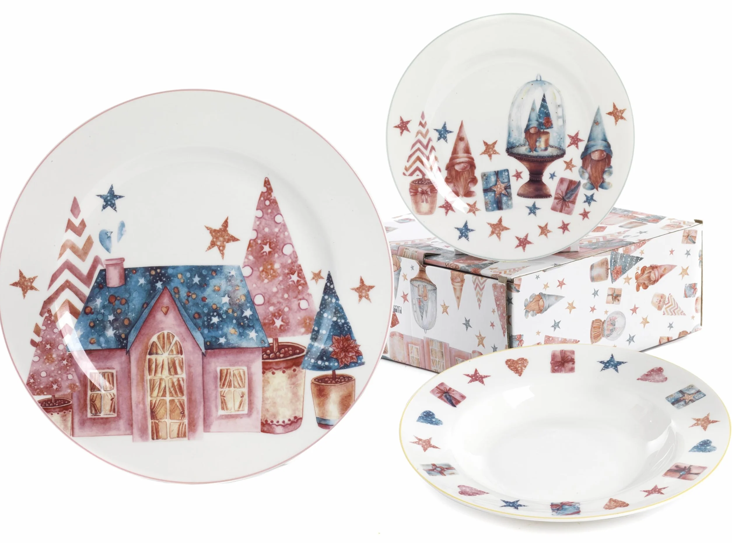 Servicio de platos navideño de 18 piezas con tema de Navidad en porcelana de autor Nàvel 6 fondos Ø 21,6 cm, 6 platos Ø 21,6 cm y 6 platos Ø 26,7 cm con elegante caja litografiada