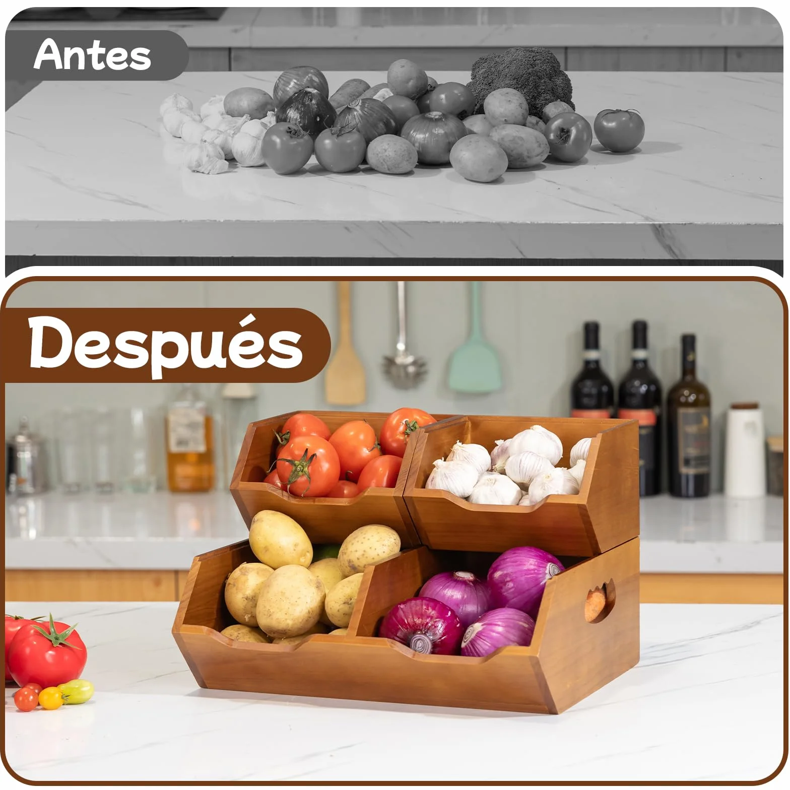 Aquzee Caja para Guardar Patatas de 2 Capas, Apilable Cesta para Patatas y Cebollas de Madera Juego de 3 Piezas, Desmontable Almacenaje Cocina Adecuado para Ajo, Cebolla, Verduras, Frutas y Pan
