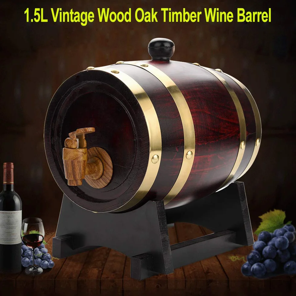Barril de roble, 1,5 L, madera de roble envejecido, vino, licor, whisky, barril de almacenamiento con grifo para cerveza, whisky, ron puerto