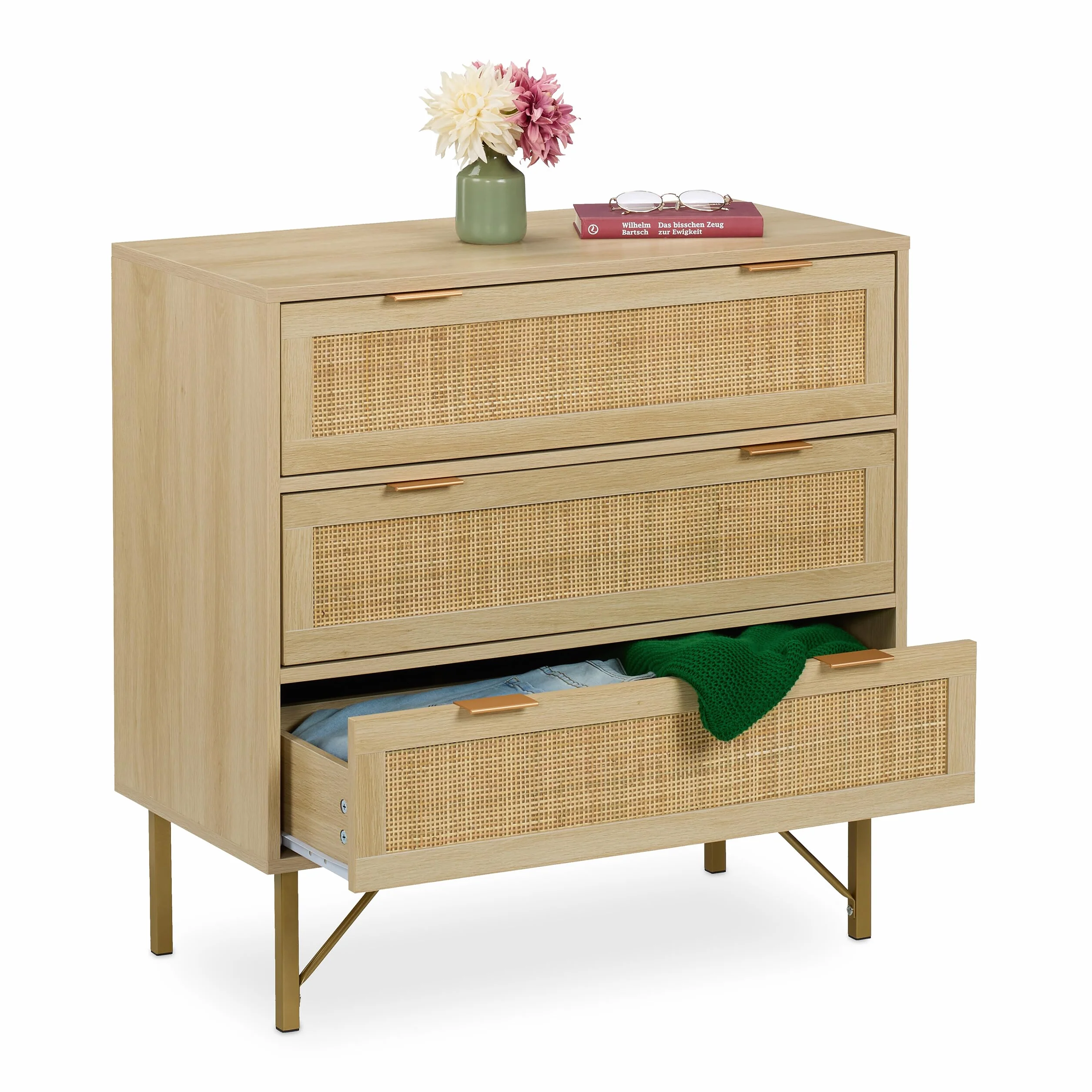 Relaxdays Cómoda, 3 Cajones, Ratán y Efecto Madera, 80 x 80 x 42 cm, Salón, Pasillo, Estilo Boho, Natural/Dorado