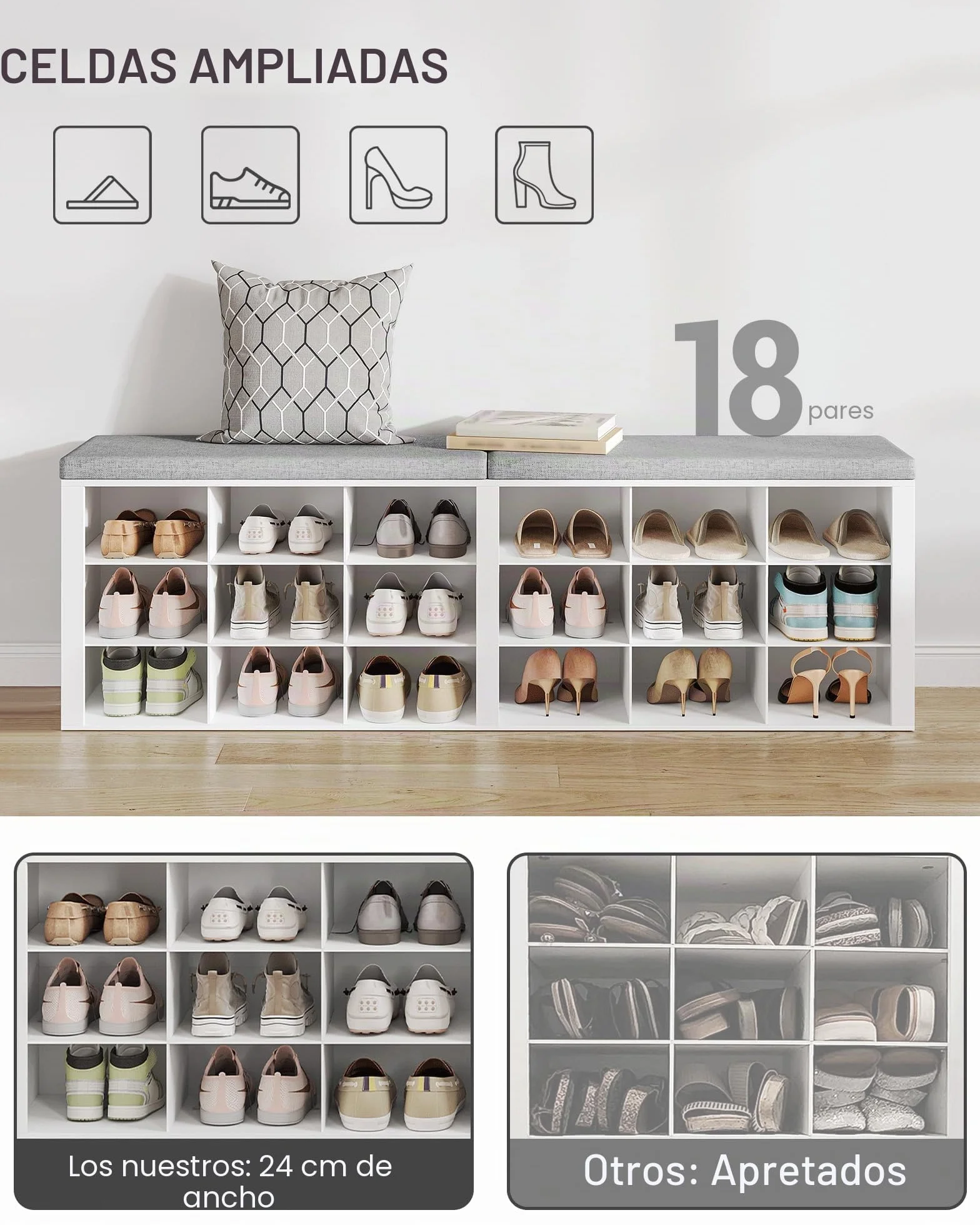 Hzuaneri Banco Zapatero, Zapatero con Asiento, Banco con Almacenaje, Cojín, 18 Compartimentos, 30 x 150 x 48 cm, para Salón, Pasillo, Dormitorio, Blanco SB25703GY