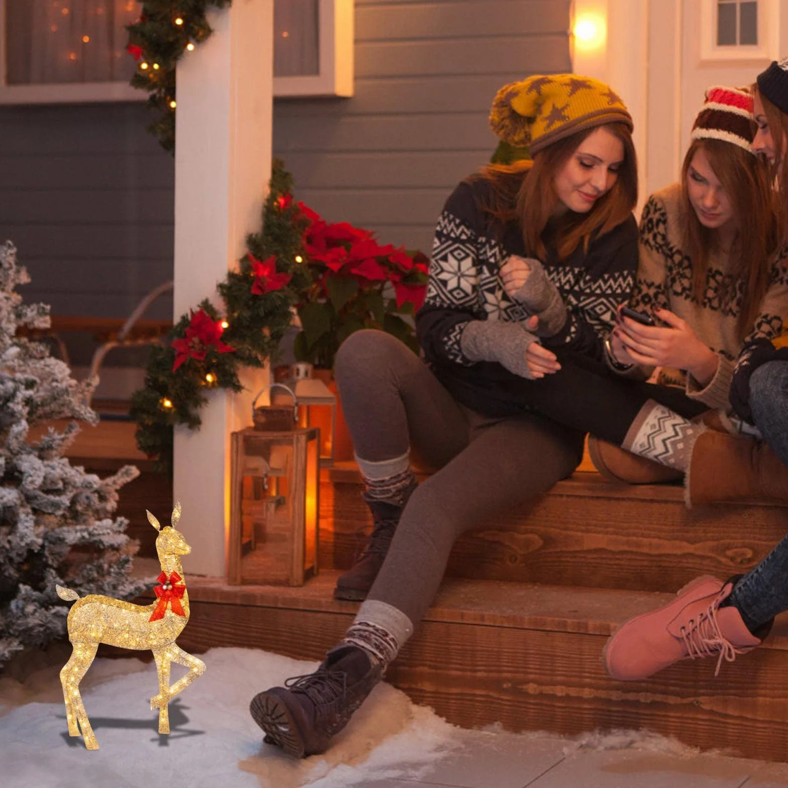 10 Unidades de Ciervos de Navidad iluminados – Decoración para Exteriores de Familia de Renos de Navidad con Luces LED – Luces navideñas de Patio con estaca y Lazo Rojo para jardín | exteriores de familia de de Navidad con luces LED – Luces navideñas de p
