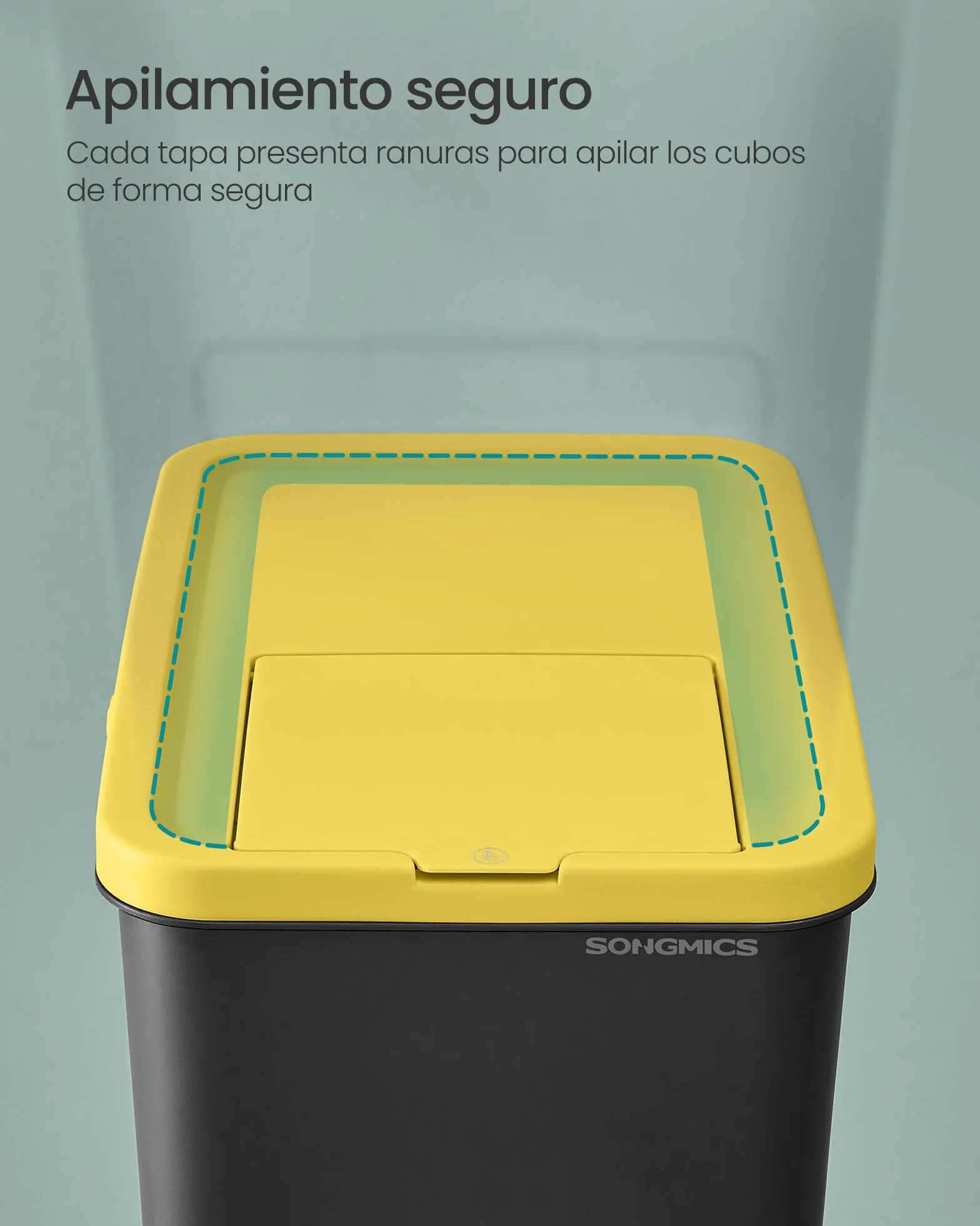 SONGMICS Cubo de Basura, Juego de 4 Cubos Apilables, Papeleras, 20 L Cada, Sistema de Separación Residuos, Tapas Apertura a Presión, Pegatinas, Almacenaje, Amarillo, Azul, Marrón y Verde LTB760BZ01