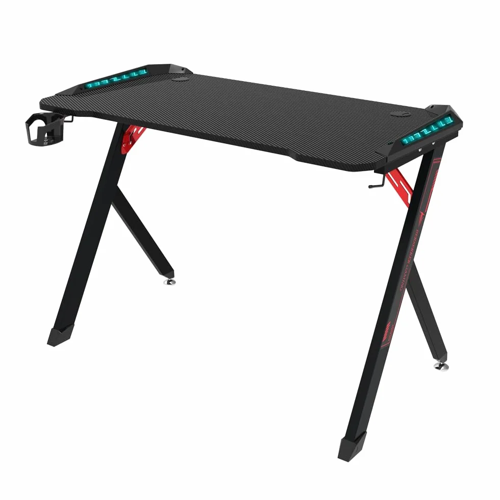 Mesa Gamer con LED, 113 x 60 x 75 cm, Superficie Resistente, Gestión de Cables, Negro