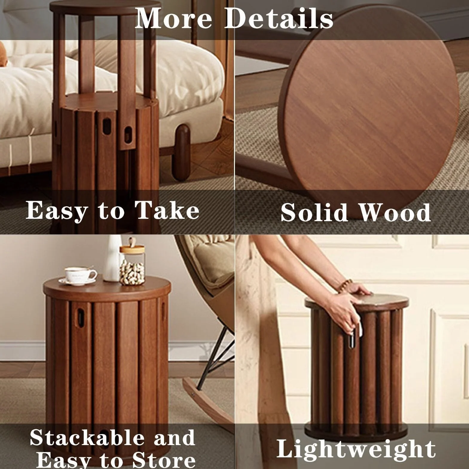Juego de 4 taburetes apilables de madera, diseño apilable, taburetes de madera pequeños para ocio, combinación apilable, taburete apilable multifuncional para sala de estar, entrada, comedor (nogal)