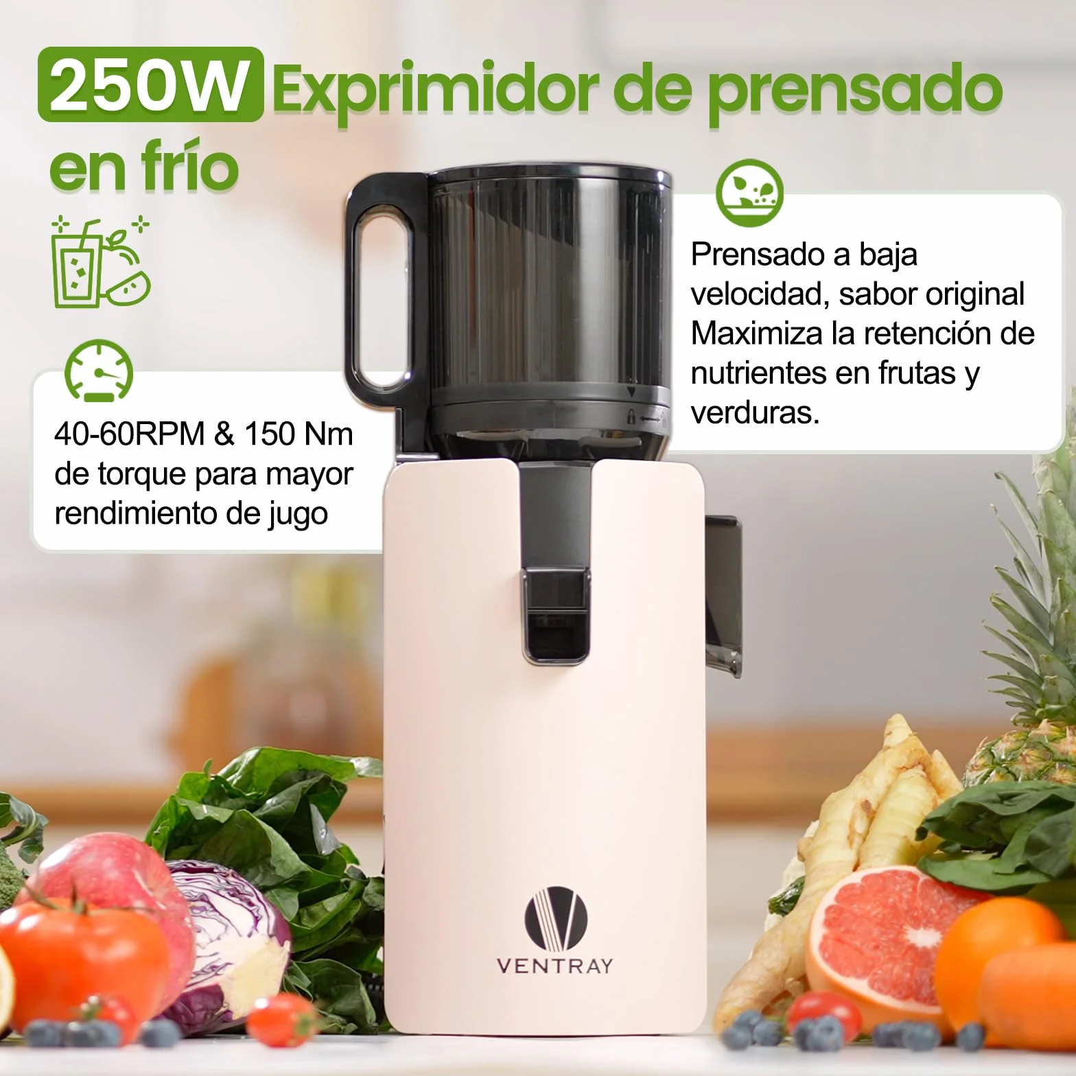 Ventray Extractor de Zumos Slow Juicer | Prensado en Frío con Apertura Ancha de 120mm para Frutas y Verduras Enteras | Sistema de Doble Filtrado | Fácil Limpieza | 250W | Sin BPA - Marfil