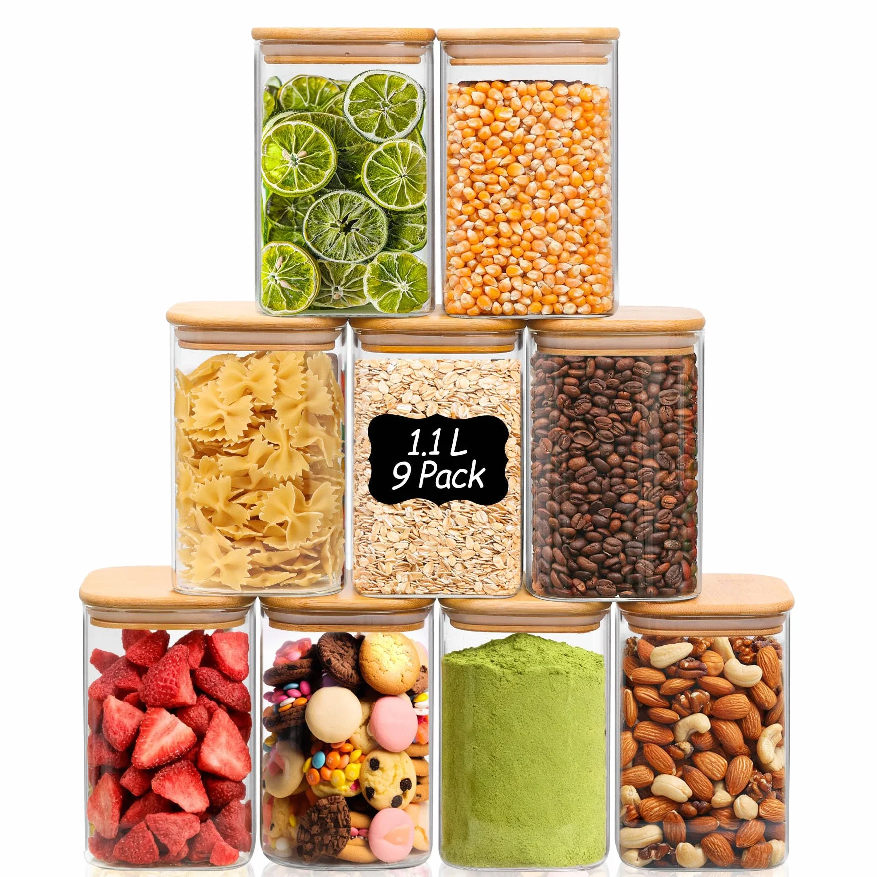 ComSaf Tarros de cristal con tapa 1,1 L, pack de 9 para cocina y despensa | Frascos de vidrio, Botes cocina almacenaje, Tapas de bambú, Garbanzos, Azúcar blanco, Pimentón dulce, Vidrio borosilicato