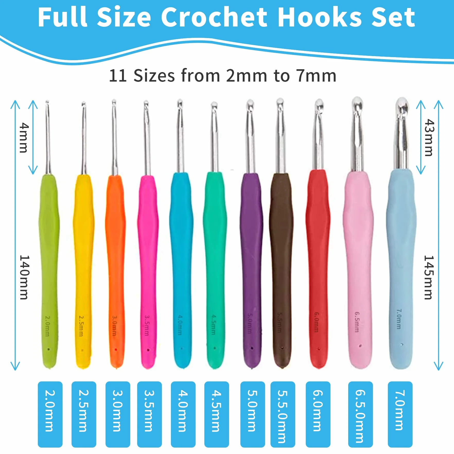 Samyuktha Kit de 31 piezas de ganchillo, agujas de ganchillo de tamaño completo, kit de herramientas de costura, con 11 ganchos de ganchillo coloridos de agarre suave de 2 a 8 mm, tijeras, cinta