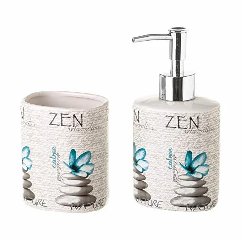 Cerámica Zen Dispensador y Portacepillos Azules Orientales para Cuarto de Baño