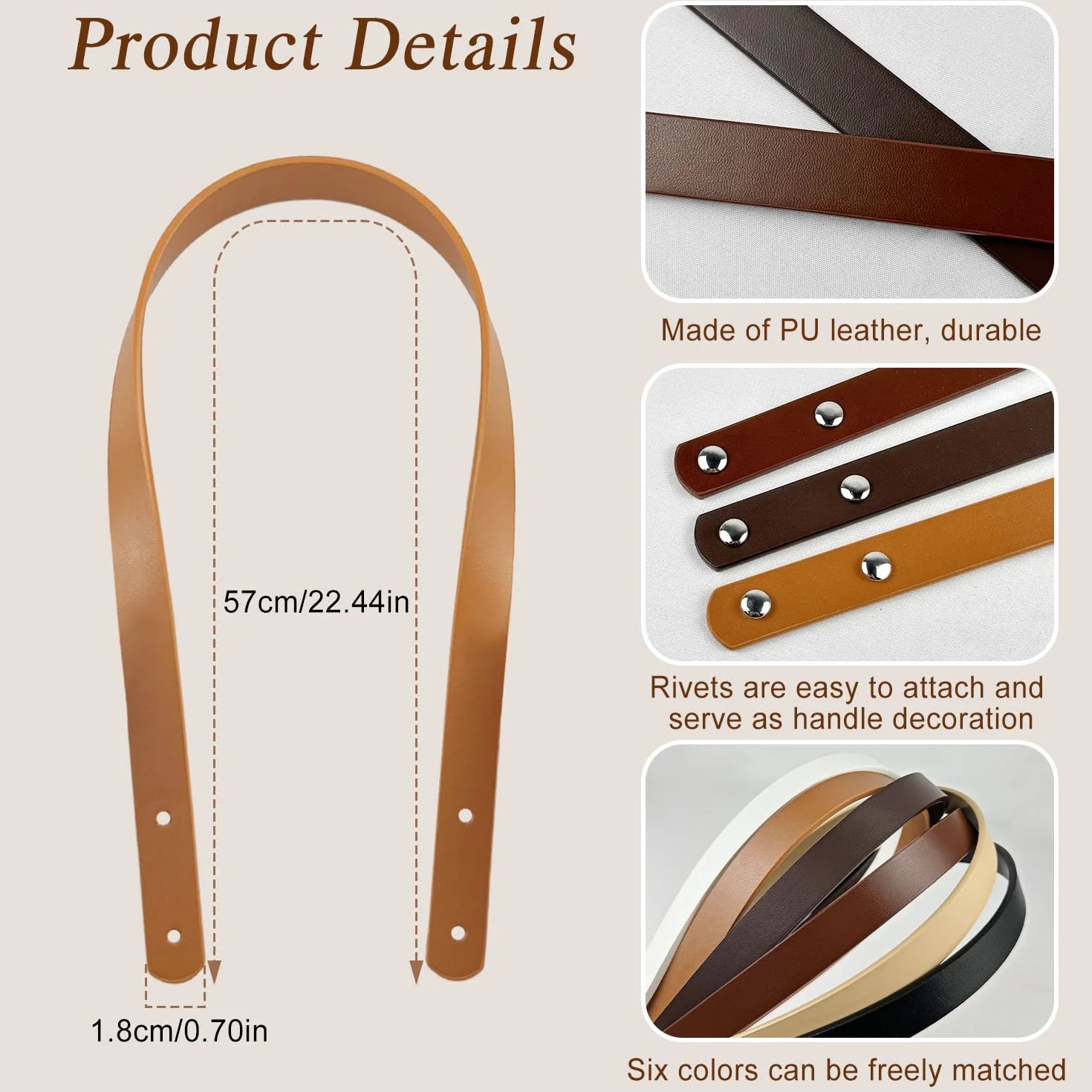 Asas de Cuero para Bolsos 60 cm con 48 Clavos, Correa Bandoulière para Bolso de Mano y Monedero