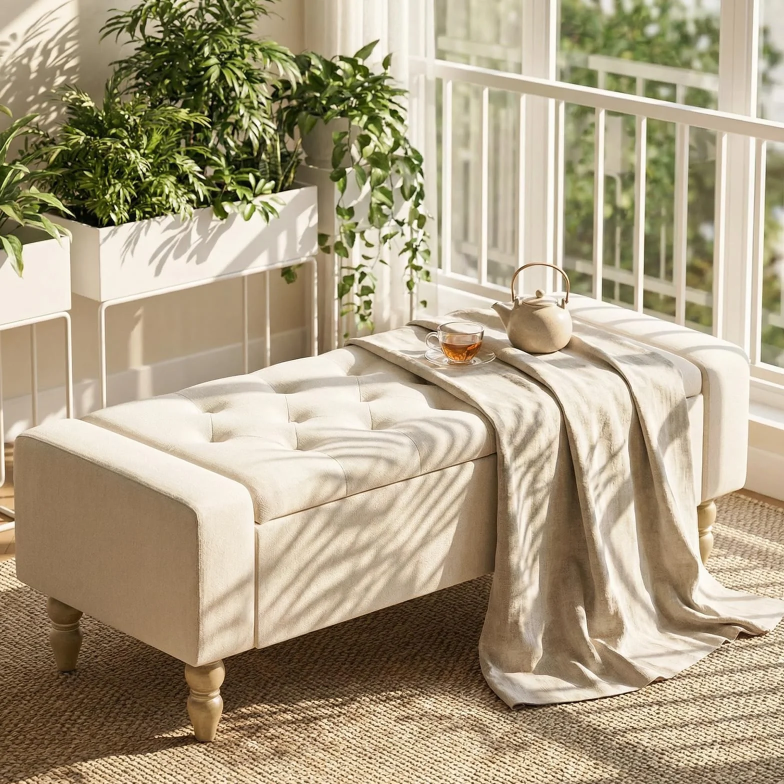Hellove Banco de Almacenaje con Patas de Madera, 120x45x43 cm, Puff Tapizado con Botones en Tela de Lino, Sin Brazos, Banc Coffre para Salón, Dormitorio o Pie de Cama, Pasillo, de Carga 150 KG Beige