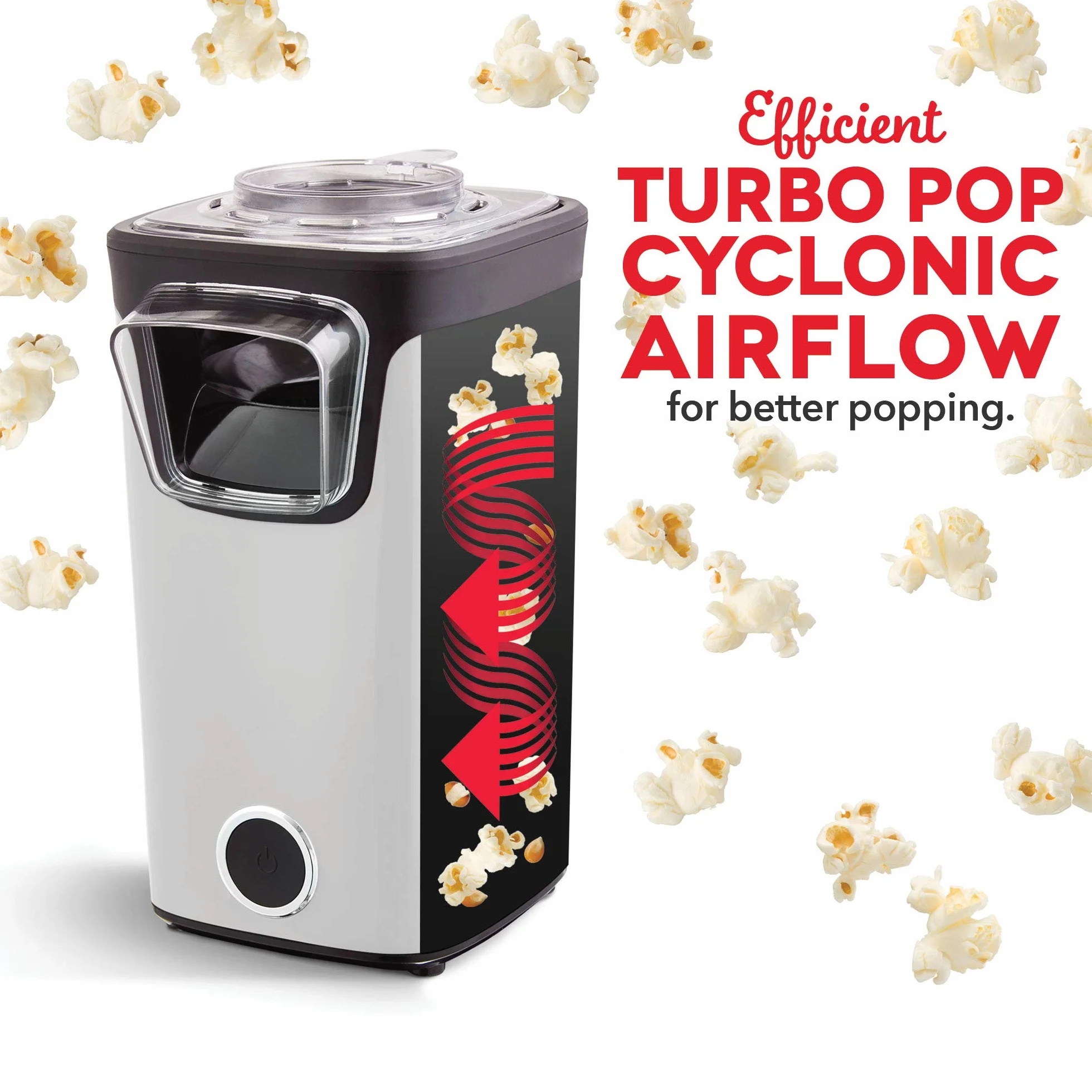 DASH Turbo POP - Máquina de palomitas de maíz con taza medidora a porción + mantequilla derretida, máquina de palomitas de maíz de 8 tazas, color blanco
