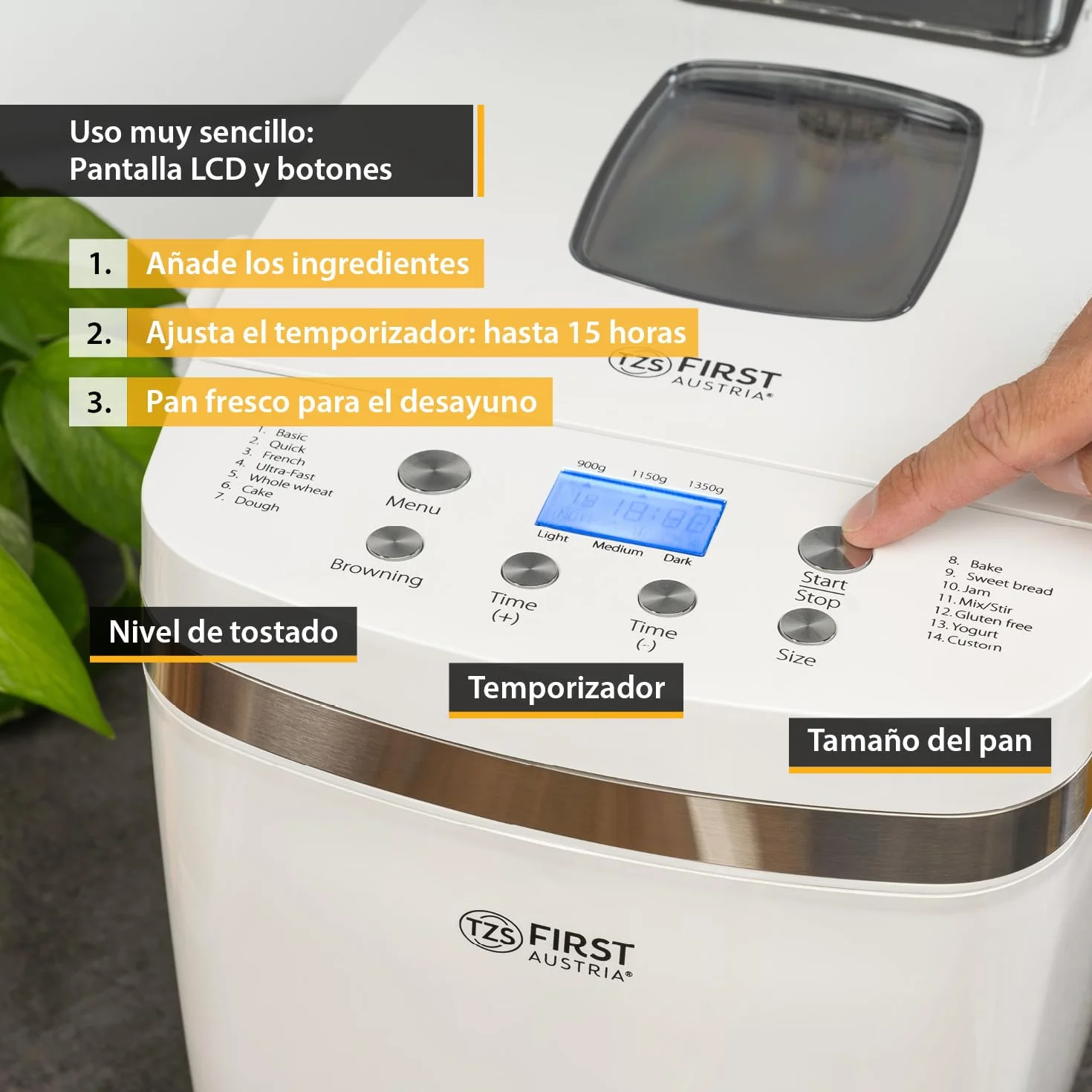 TZS First Austria - Panificadora 850W - Para panes de 900g y 1350g - 14 Programas automáticos - Tostado ajustable, Temporizador y Función mantener caliente
