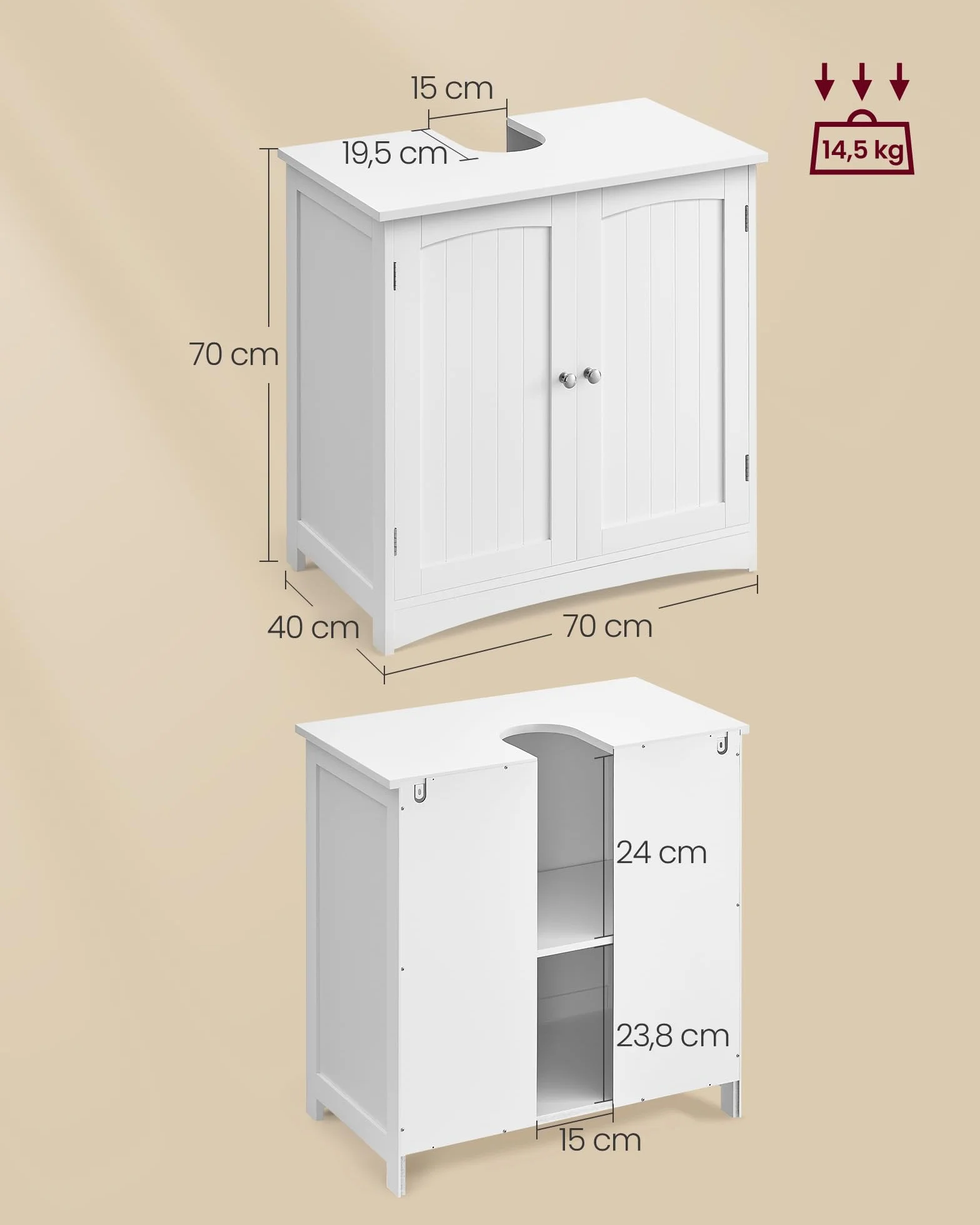 VASAGLE Aramrio de Lavabo, Armario Debajo de Lavabo, Mueble de Baño, con 2 Puertas, Estante Ajustable, Amplio Espacio de Almacenamiento, Estilo Moderno, 40 x 70 x 70 cm, Blanco Nube BBC011W01