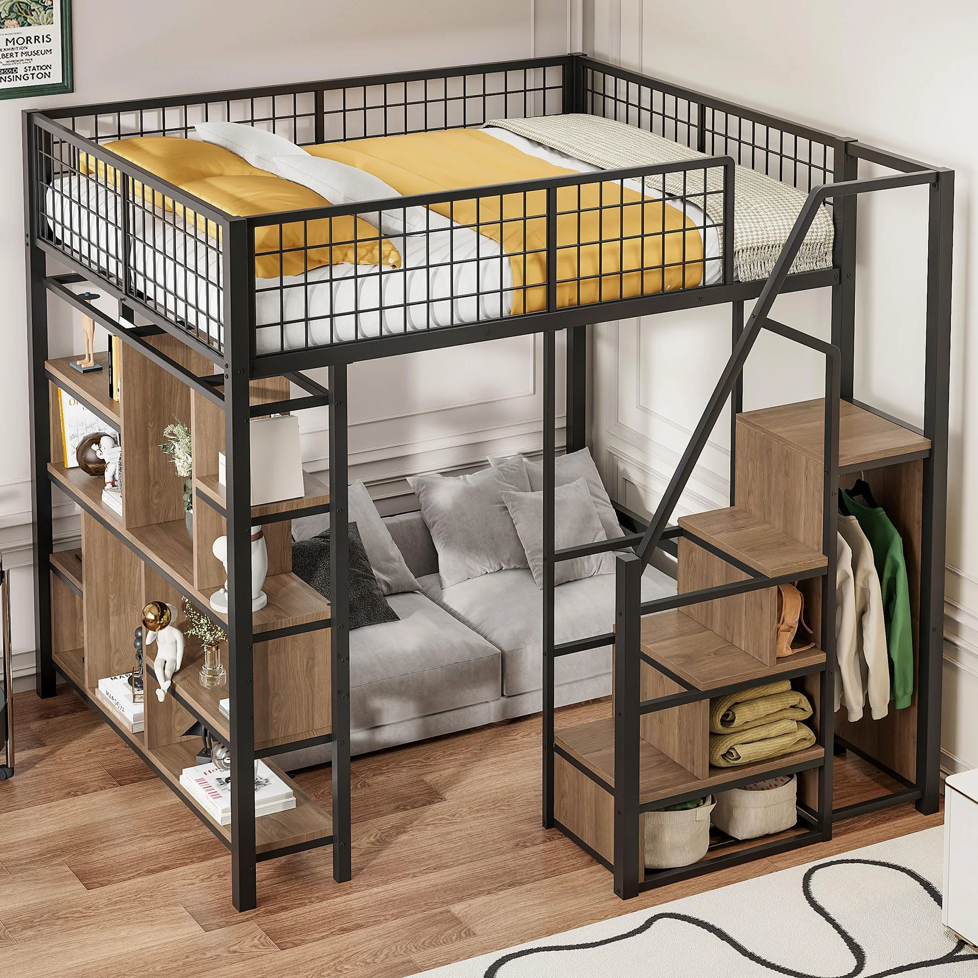 Dolamaní Cama alta para adultos y jóvenes, 140 x 200 cm, con escalera y espacio de almacenamiento, altura de 170 cm, cama de metal con estante de varios niveles (negro)