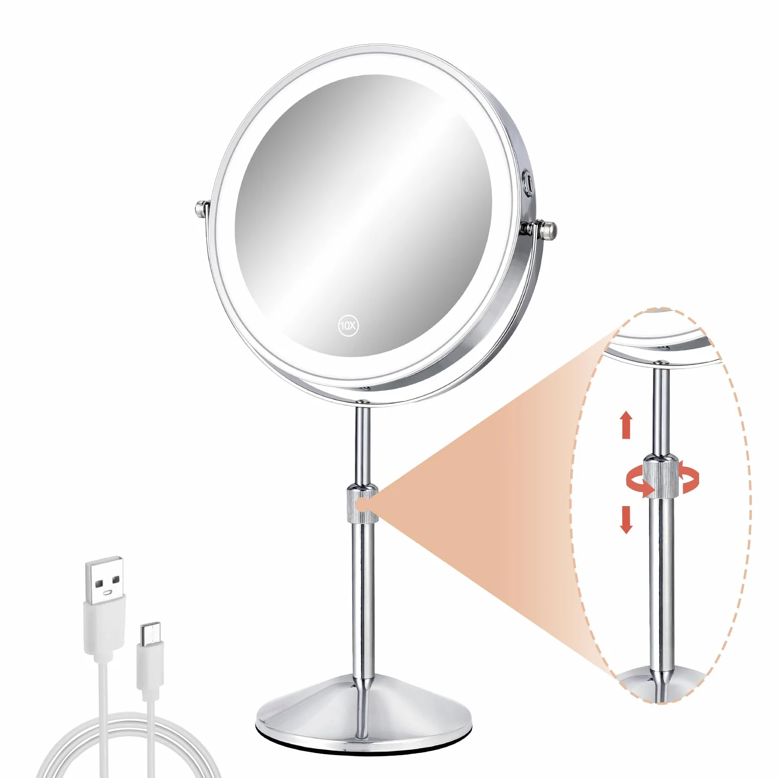 Espejo de tocador de 8 pulgadas con luces, espejo de maquillaje de aumento 1X/10X con iluminación y altura y brillo ajustables, pantalla táctil recargable de 360° giratorio de 3 colores para