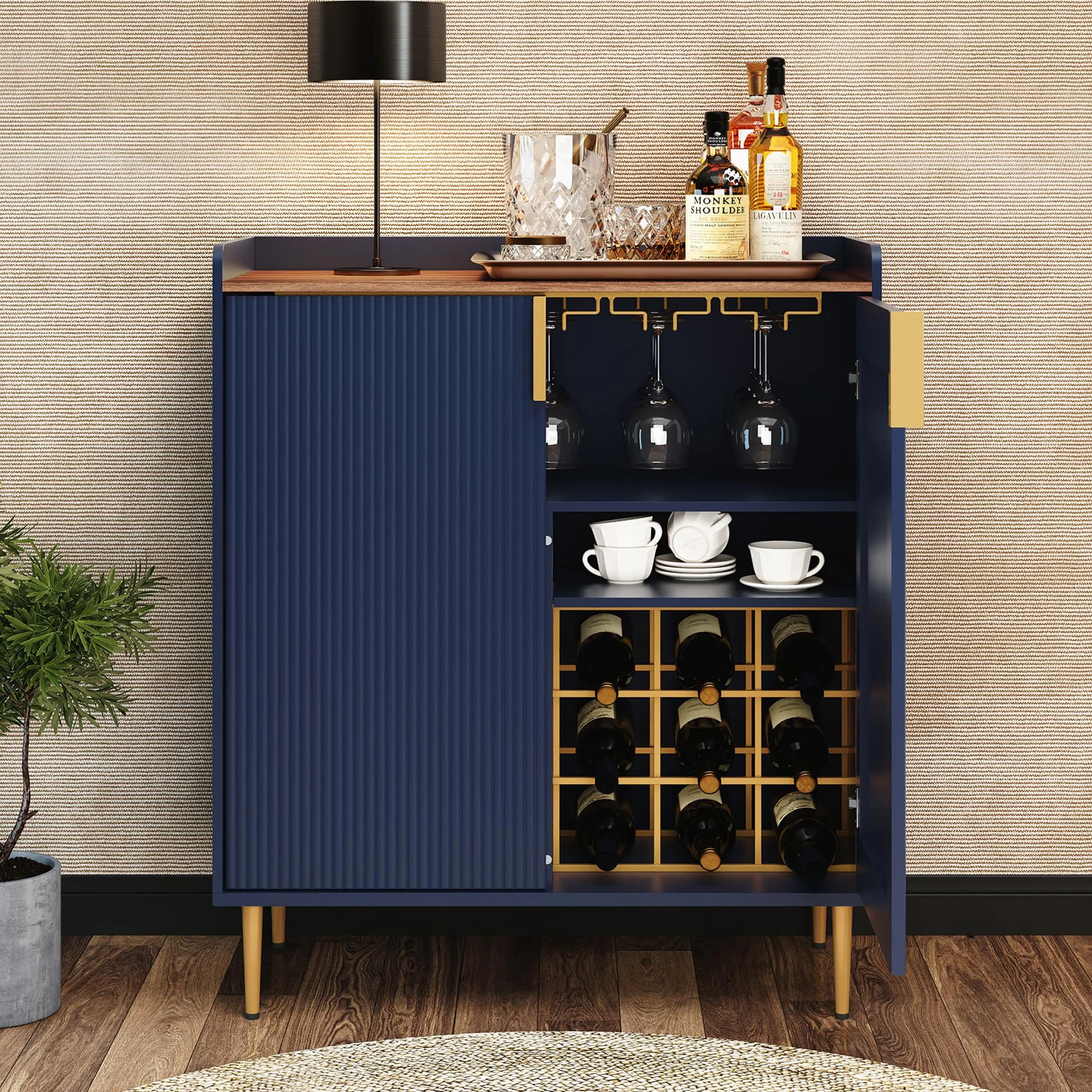 HOLTICO Gabinete de bebidas, gabinete de vino para 9 botellas, armario de bar con soportes de vidrio, estante de vino independiente, aparador, mesa de bar, buffet para sala de estar y comedor, color