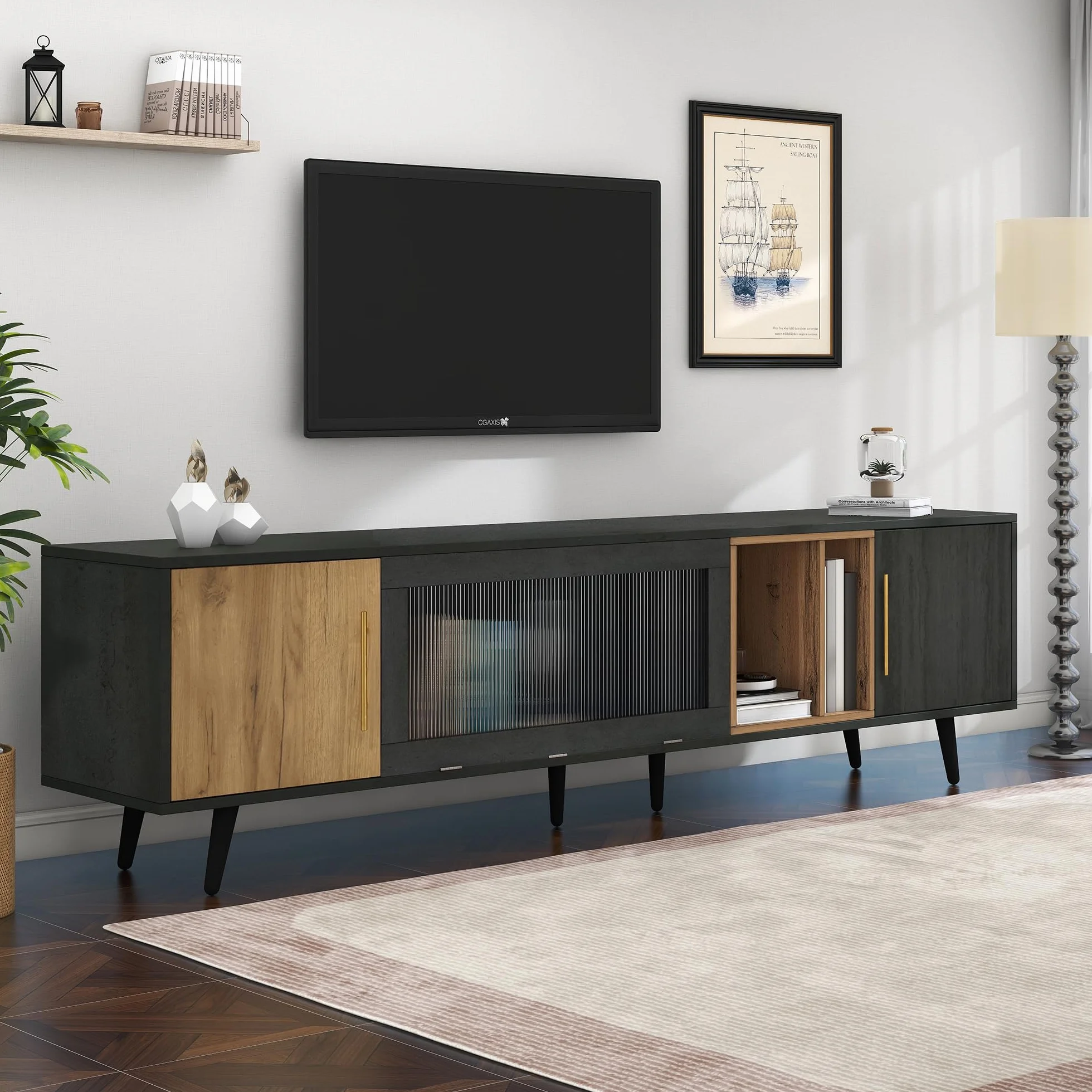 Mueble para TV de 200 cm, Soporte para TV de 90 Pulgadas con 2 Puertas, Armario Bajo con Puertas de Cristal Plegables y Espacio de Almacenamiento para Salón Dormitorio, Gris