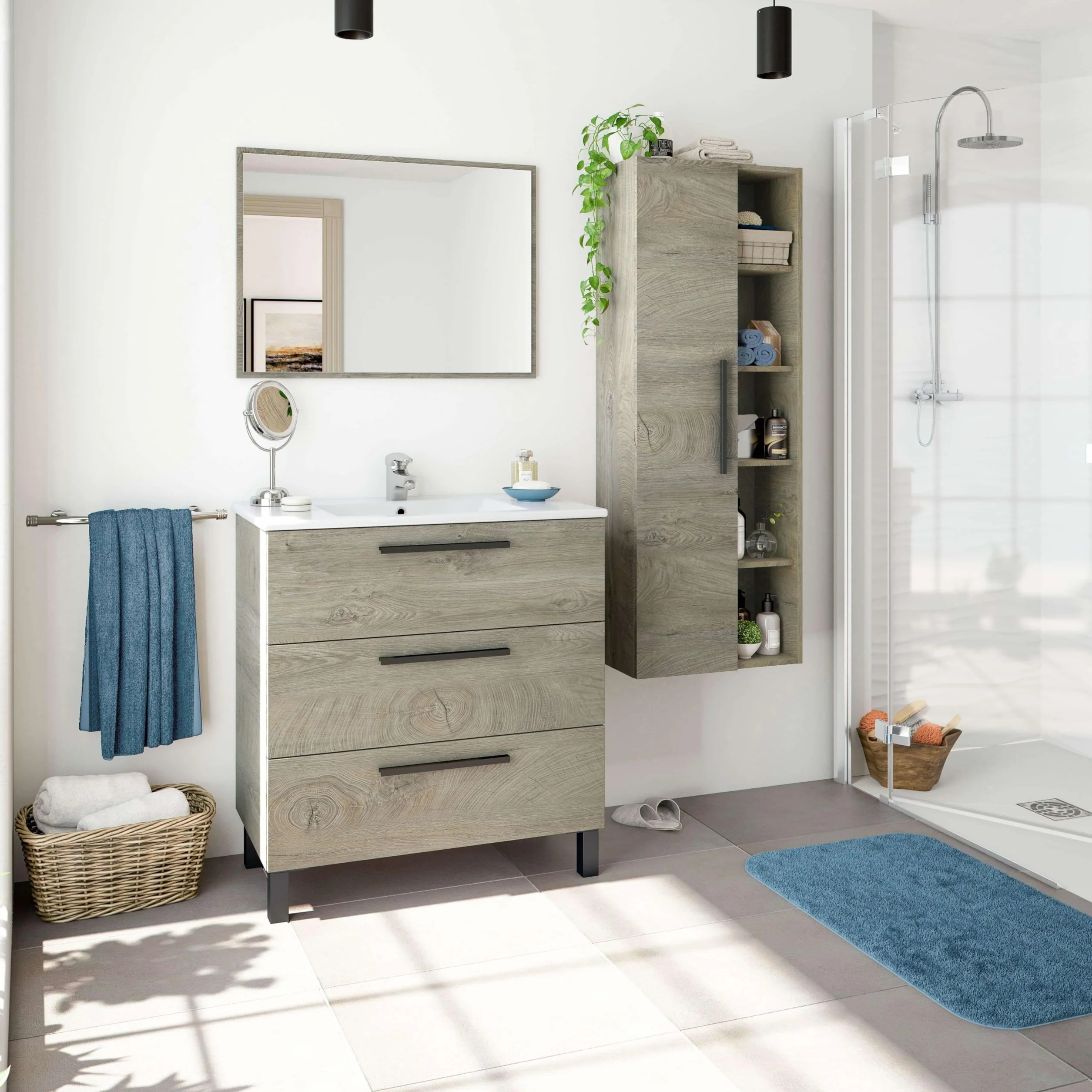 Miroytengo Pack Baño Completo Roble Alaska con Espejo y Lavabo Cerámico