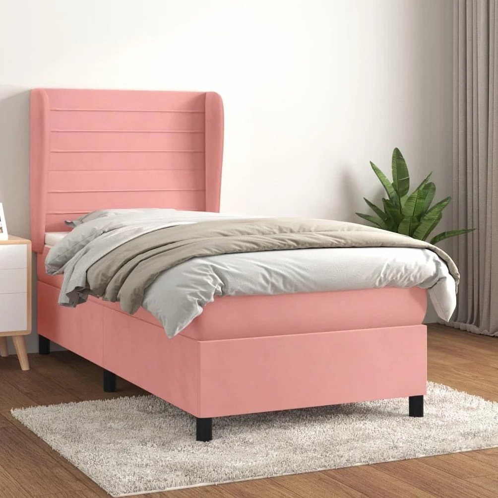 Cama con somier con colchón, color rosa, 90 x 190 cm, terciopelo acolchado, cama individual para jóvenes, muebles para dormir, cama con cabecero alto y cómodo colchón de muelles ensacados
